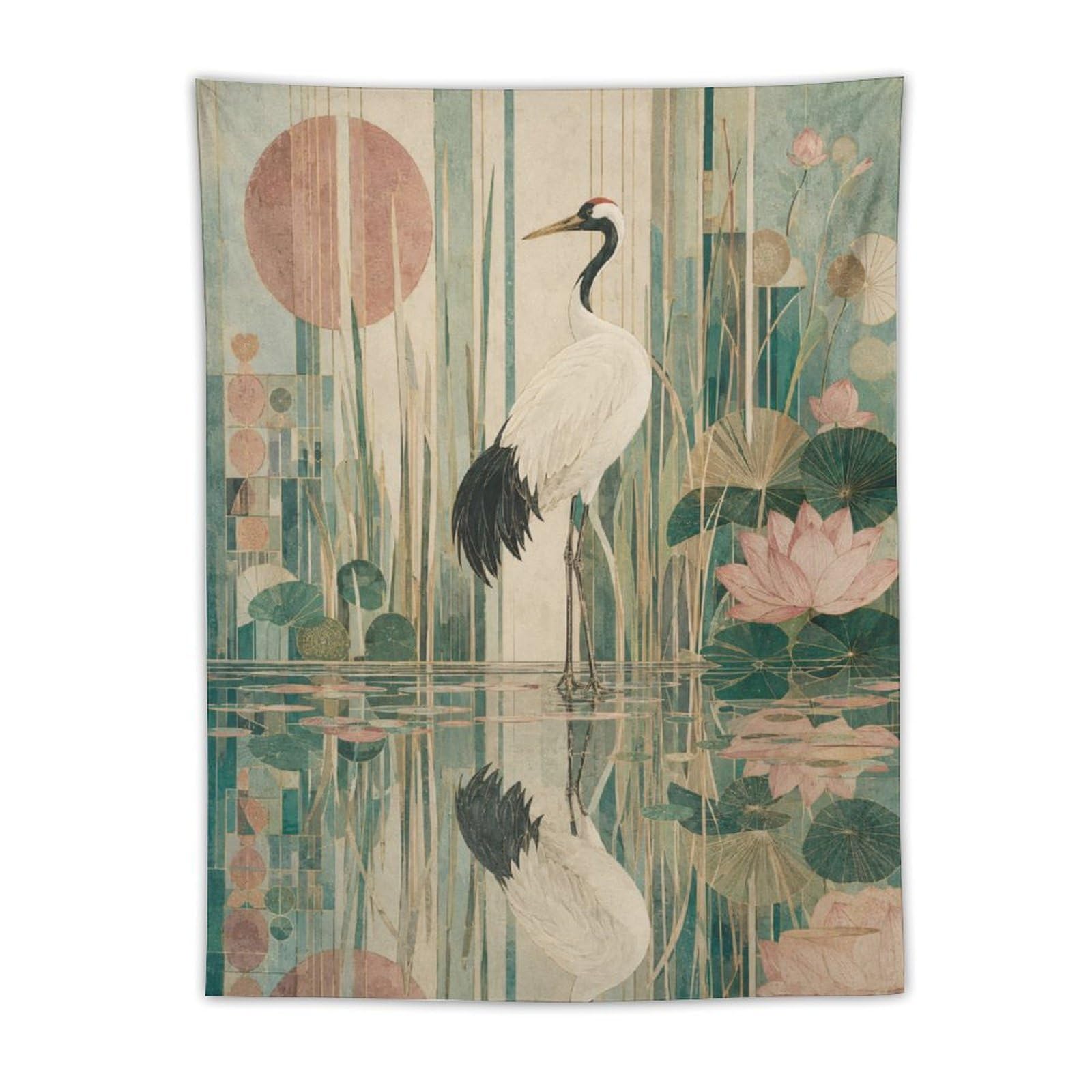 W7C8U2X3 Cranes in Lotus Pond Wall Tapestry, Asian Ink, Room Divider