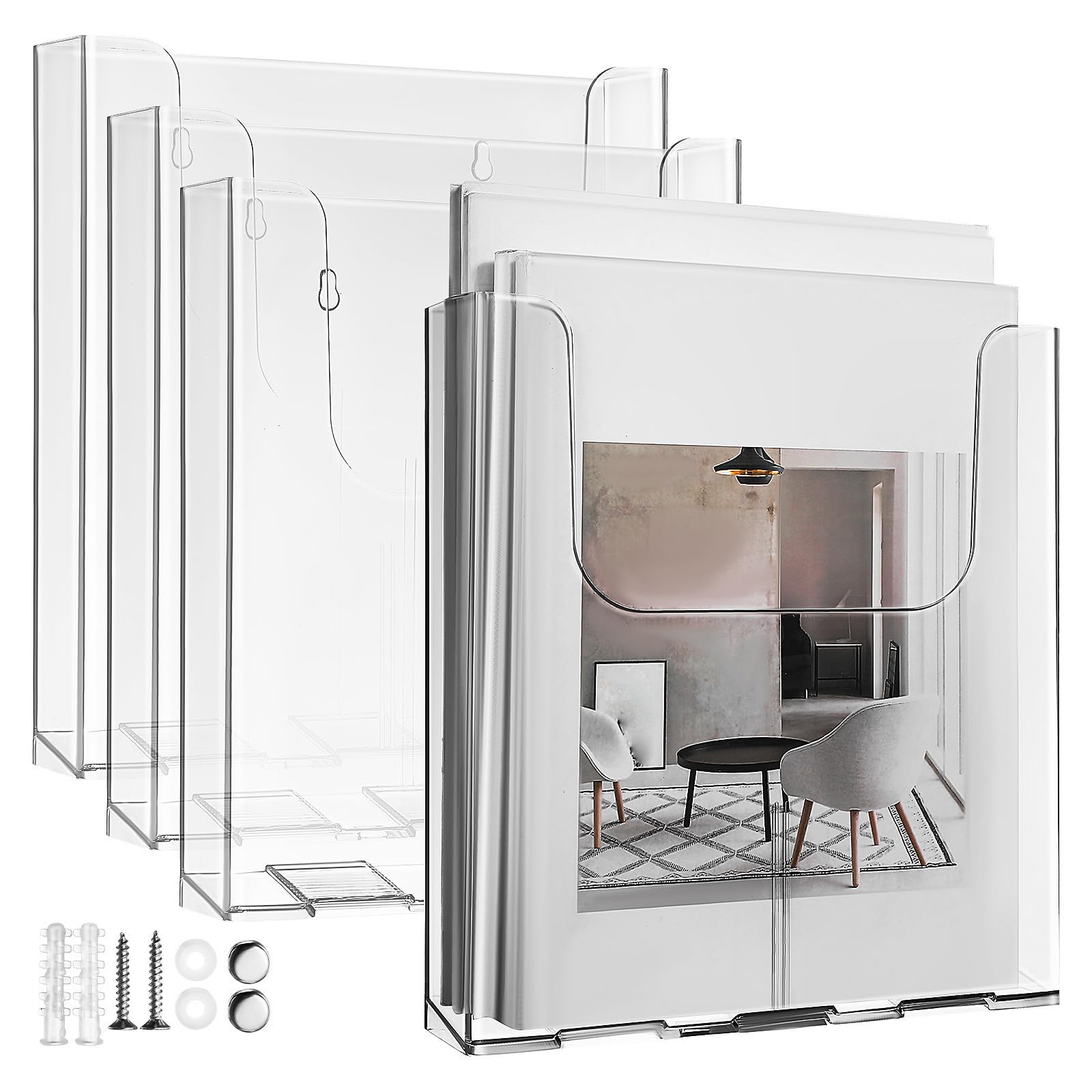 Levemolo Acryl Wandprospekthalter A4, 4er Set transparente Wandhalter für Flyer und Broschüren, mit Schrauben und Klebepads, für Büro und Empfang