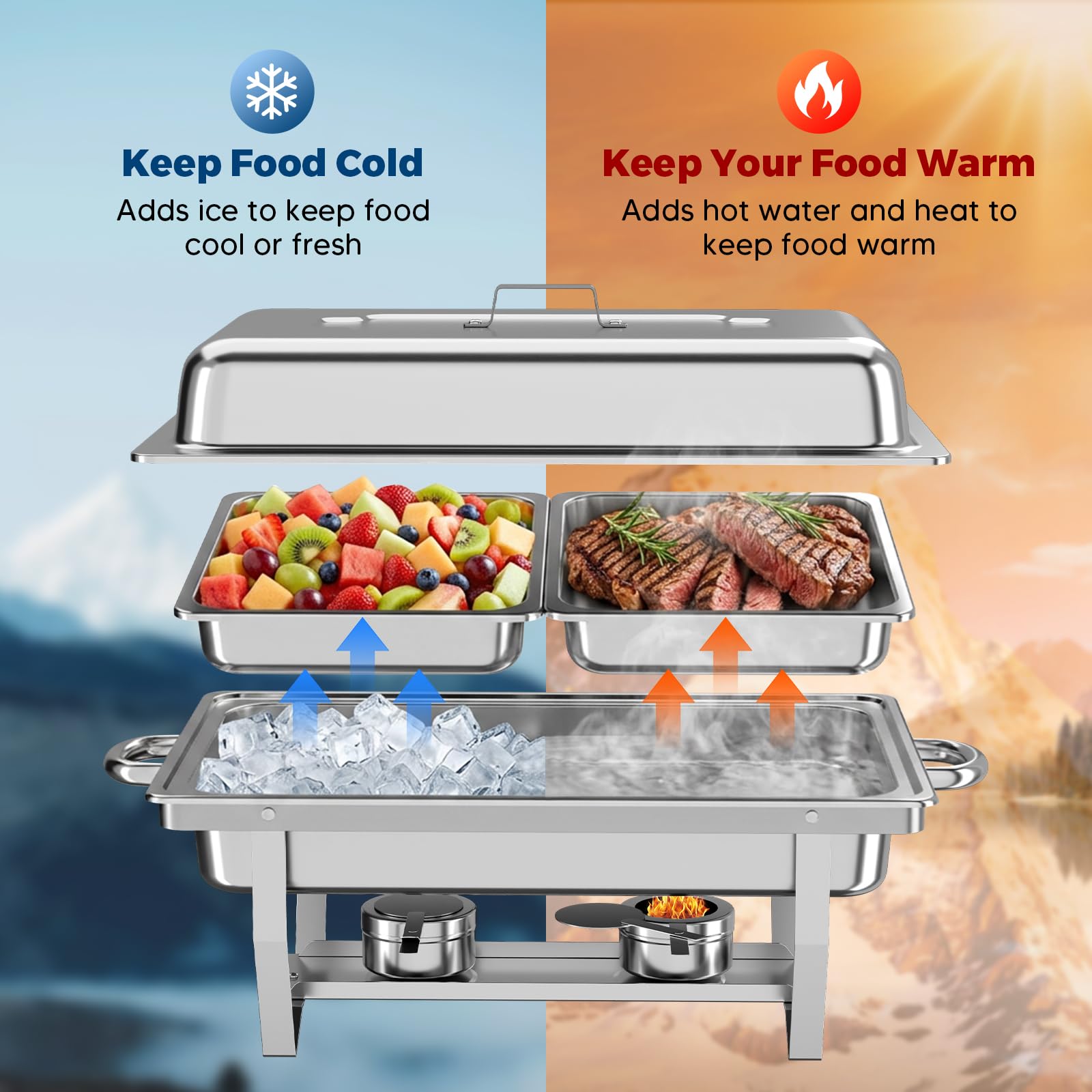 Chafing Dish Buffet Set 9L, 4pcs Edelstahl Warmhaltebehälter mit Deckel Lebensmittelpfannen und Brennstoffhaltern, Speisenwärmer für Catering, Buffet und Party Speisenwärmer