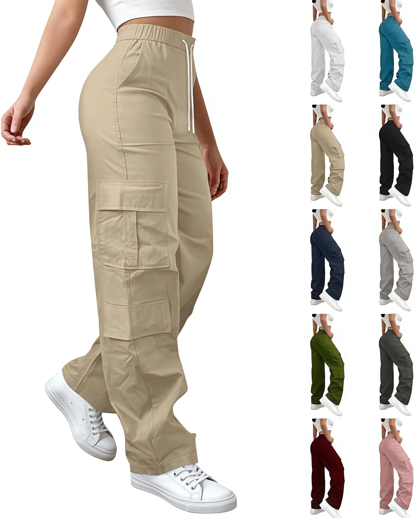 Womens Cargo Pants Baggy Stretchy Wide Leg Hiking Pants with Pockets