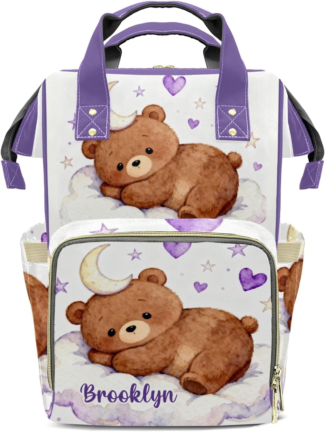 Custom Name Diaper Bag Backpack Gift Watercolor Teddy Bear In Cloud Multifunction Travel Backpack Nappy Bag Daypack for Mom Dad Boy Girl