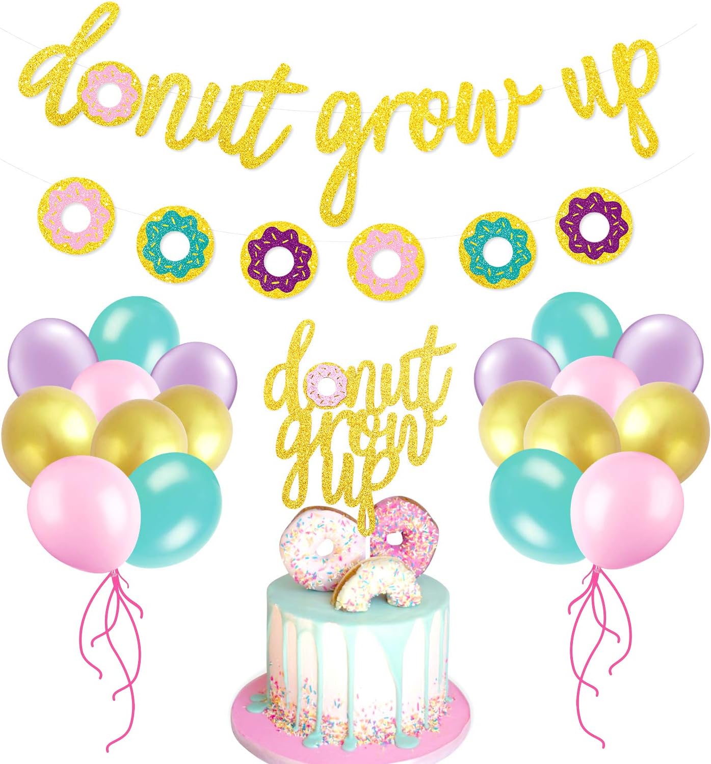 Glitter Donut Party Favors Set-Donut Grow Up Banner,Cake Topper,Balloons -Kids Party Event Decorations