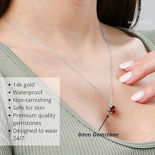 Miniatura 5 de MAX + STONE 14k White or Yellow Gold Gemstone Round Pendant Necklace for Women 8mm Solitaire Birthstone with 18 Inch Cable Chain