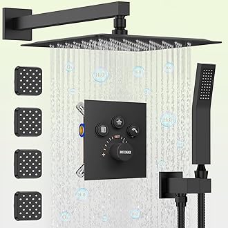 Shower Faucets Sets Matte Black Shower System with Body Jets, Bostingner 12" Rain Shower Head with Handheld Spray and 4 Body Jets,Can Run Together,3 Way Thermostatic Volume Adjustable Valve