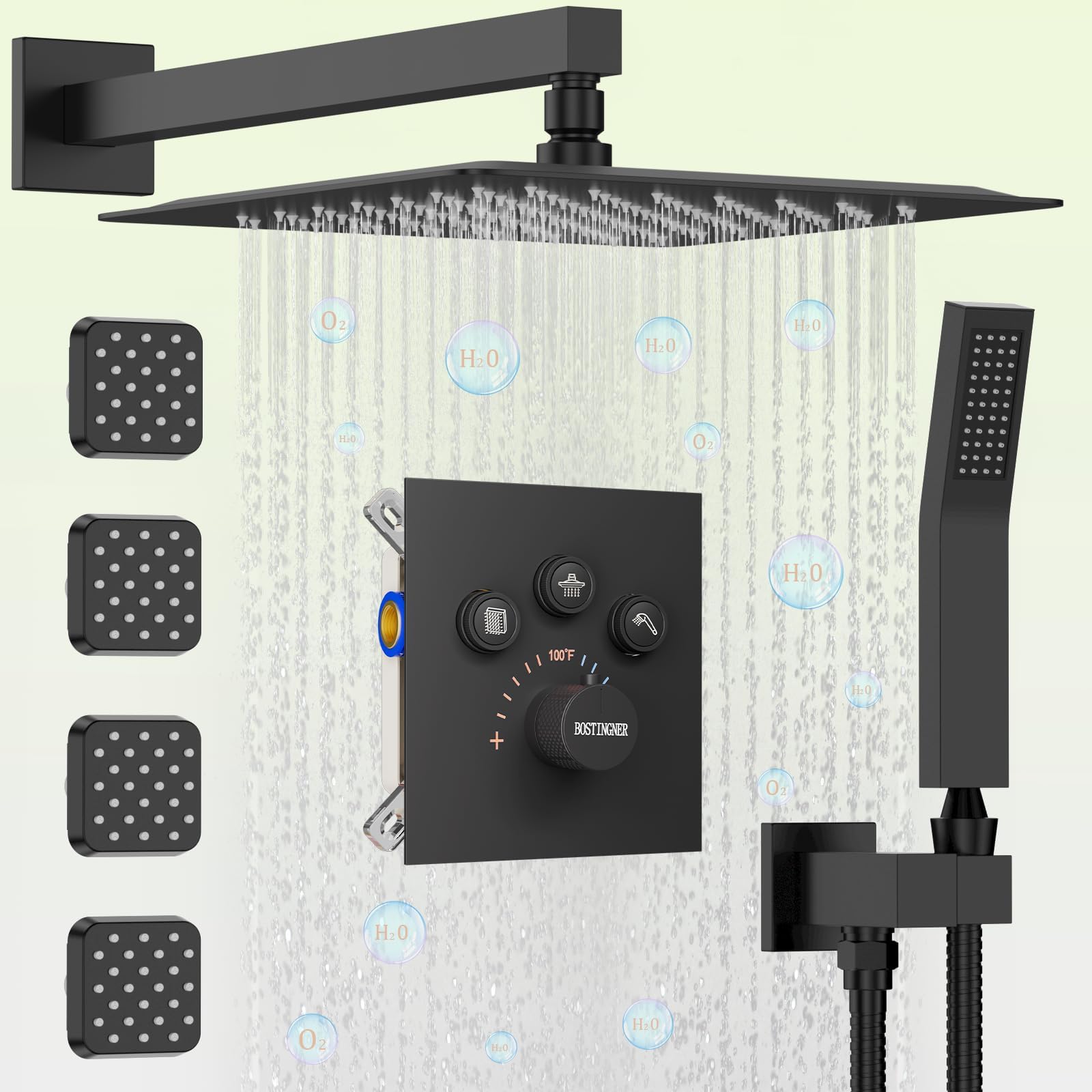 Shower Faucets Sets Matte Black Shower System with Body Jets, Bostingner 12" Rain Shower Head with Handheld Spray and 4 Body Jets,Can Run Together,3 Way Thermostatic Volume Adjustable Valve