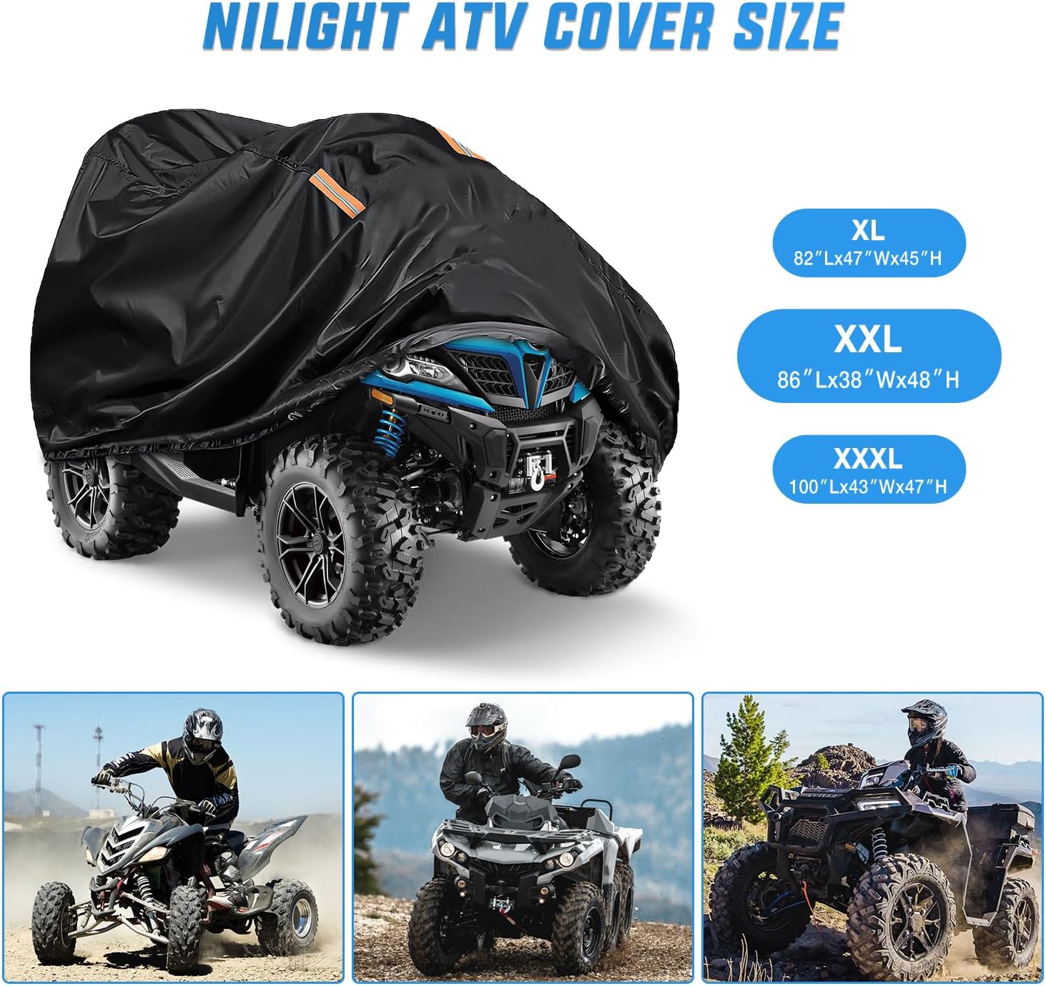 Nilight ATV Cover Waterproof 420D Heavy Duty Ripstop Material 4 Wheeler Quad Cover All Season Weather UV Protection for Kawasaki Yamaha Polaris Suzuki Honda(Black XXL)