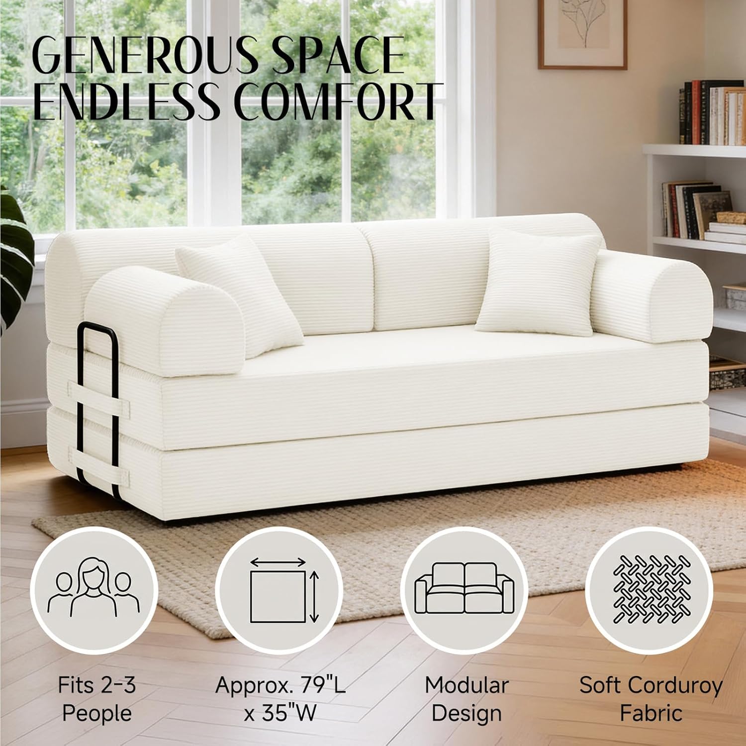 SAVENICA 79'' Convertible Sofa Bed, 6-in-1 Folding Floor Couch Sleeper with Reinforced Frame, Corduroy Modular Futon with Armrests & Pillows, No Assembly, Space-Saving for Apartment (Beige White) | 6-in-1 Folding, Corduroy, Reinforced Frame, No Assembly, Space-Saving, With Pillows