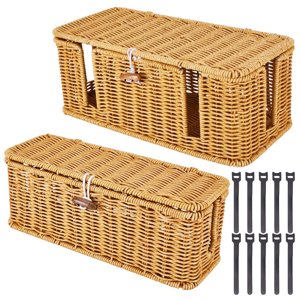 ORIGACH Confezione da 2 scatole portaoggetti in rattan con coperchio, per tenere sotto la scrivania il router, con 2 e 4 uscite, per cavi TV, computer, router, hub USB e presa multipla