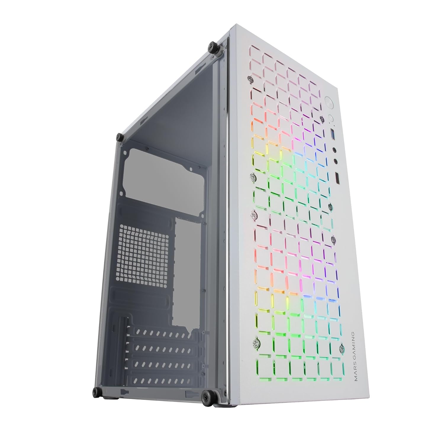 Mars Gaming MC-CORE, Ultra-Compact Micro-ATX PC Case, Metal-Mesh Front Design, 2x 120mm FRGB Fans, Full Side Window Gaming Case, Mini-ITX PC Case, USB 3.0, White Mars Gaming MC-CORE, Ultra-Compact Micro-ATX PC Case, Metal-Mesh Front Design, 2x 120mm FRGB Fans, Full Side Window Gaming Case, Mini-ITX PC Case, USB 3.0, White
