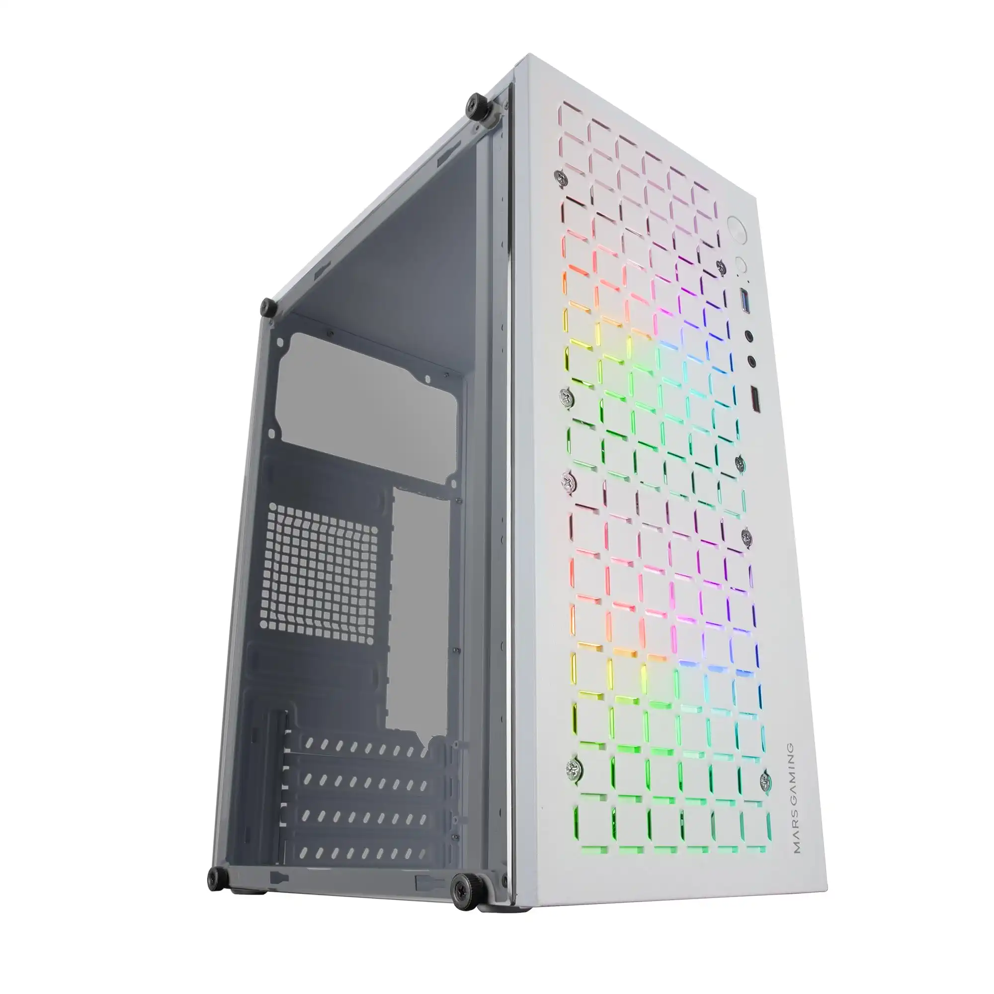 Mars Gaming MC-CORE, Ultrakompaktes MicroATX Gaming-Gehäuse, Frontdesign Metal-Mesh, 2X FRGB 120mm Lüfter, Seitliches Vollfenster, Mini-Tower PC mit USB 3.0, Weiß