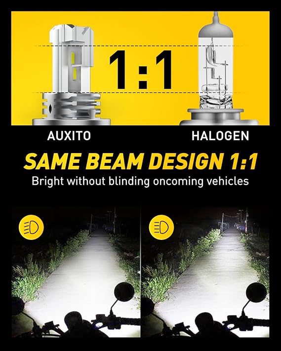 AUXITO H4 Light Bulb Hi/Low for Motorcycle, 400% Brighter, 9003 Bulb 6000K Cool White H4 Fog Light Fanless, Plug and Play, Pack of 1