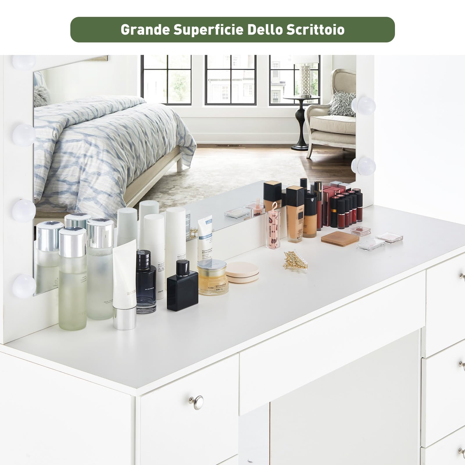 LEMROE Toletta da Trucco con Luci LED e Specchio Grande, Luminosità Regolabile, Postazione Trucco con Luci, Toeletta da Trucco con sgabell, 7 Cassetti