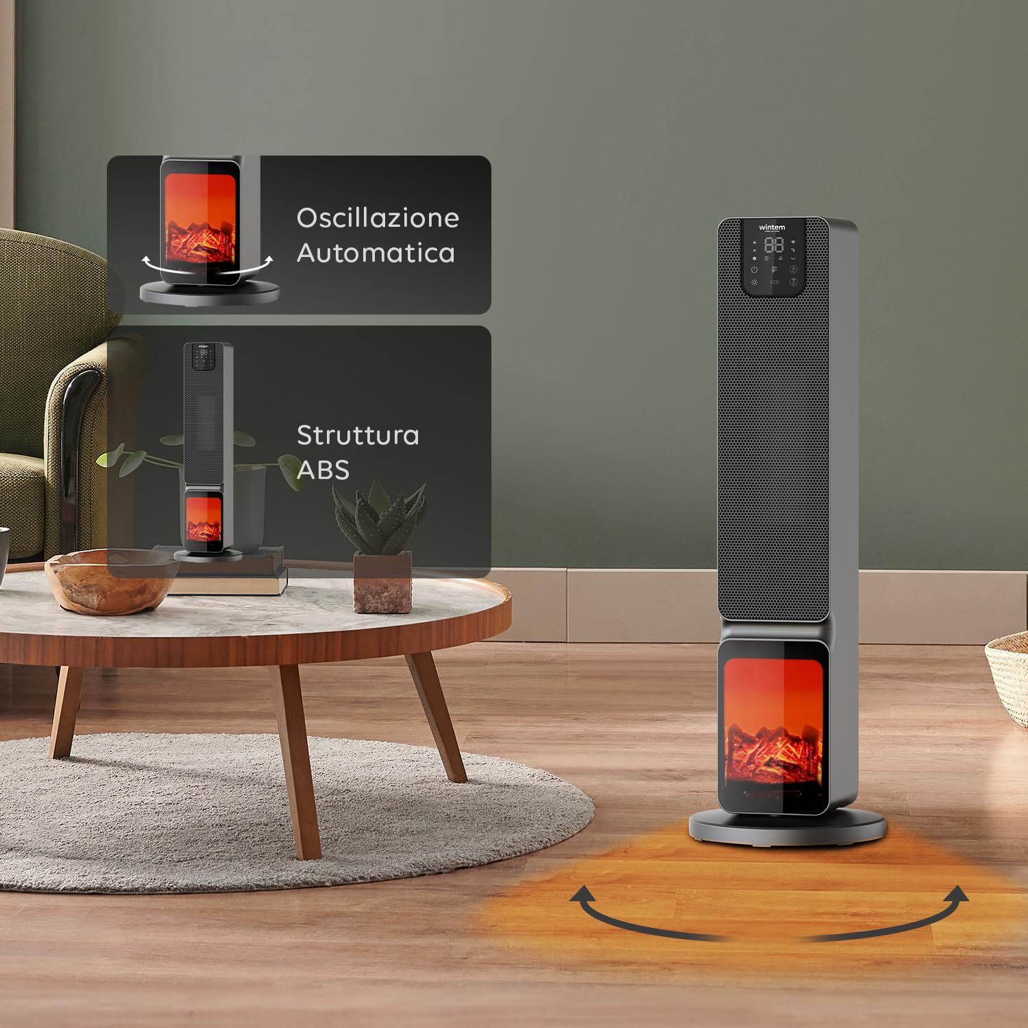 Stufa a Torre con Effetto fiamma e Controllo da Smartphone con App Caminetto Elettrico Doppia Potenza 800/2000W Display a LED con Telecomando