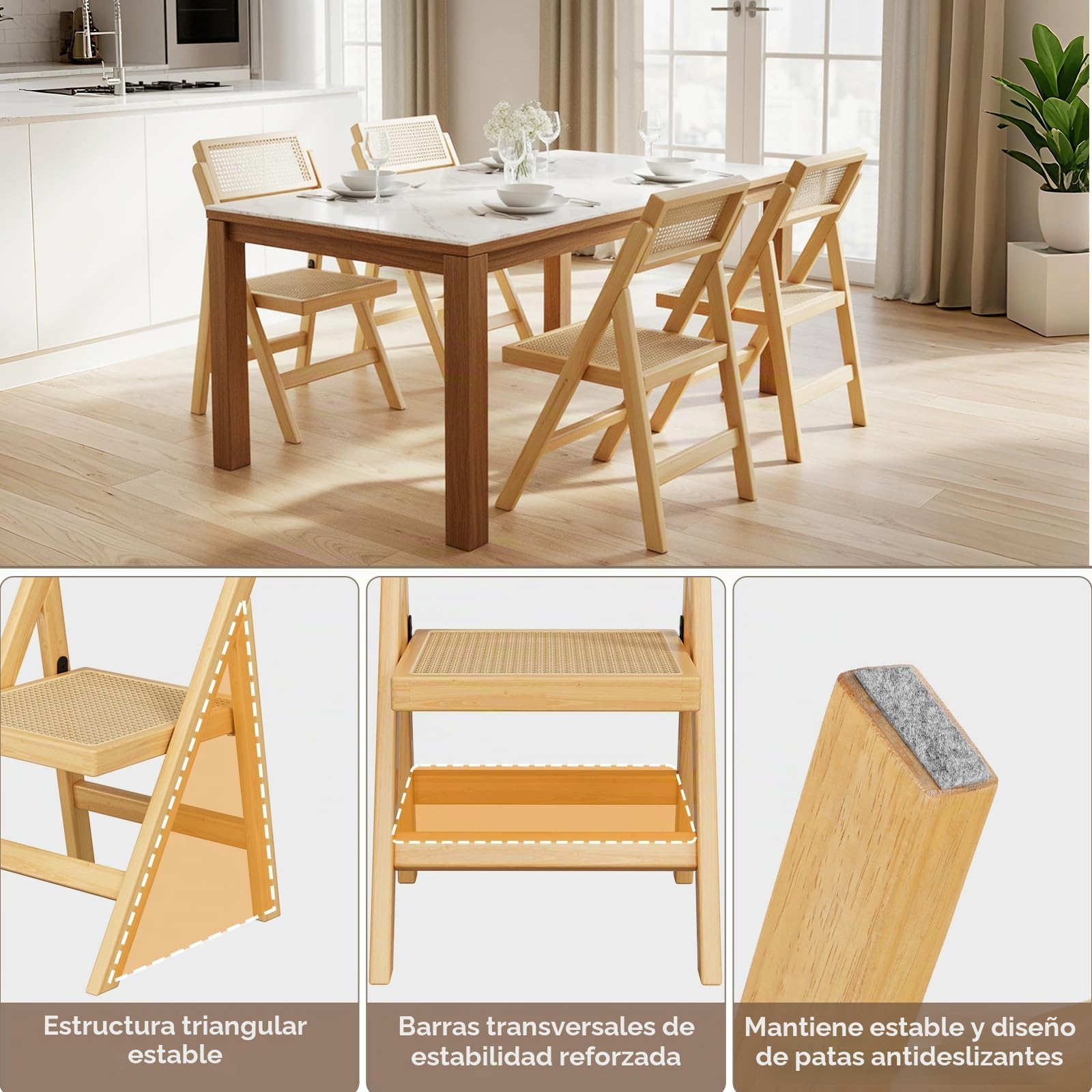 Clevich Sillas Plegables de Madera, Estilo Bohemio, Silla de ratán con Trenzado vienés, Silla de jardín Plegable, Silla Plegable de Madera para Comedor, Silla de ratán, Silla de balcón