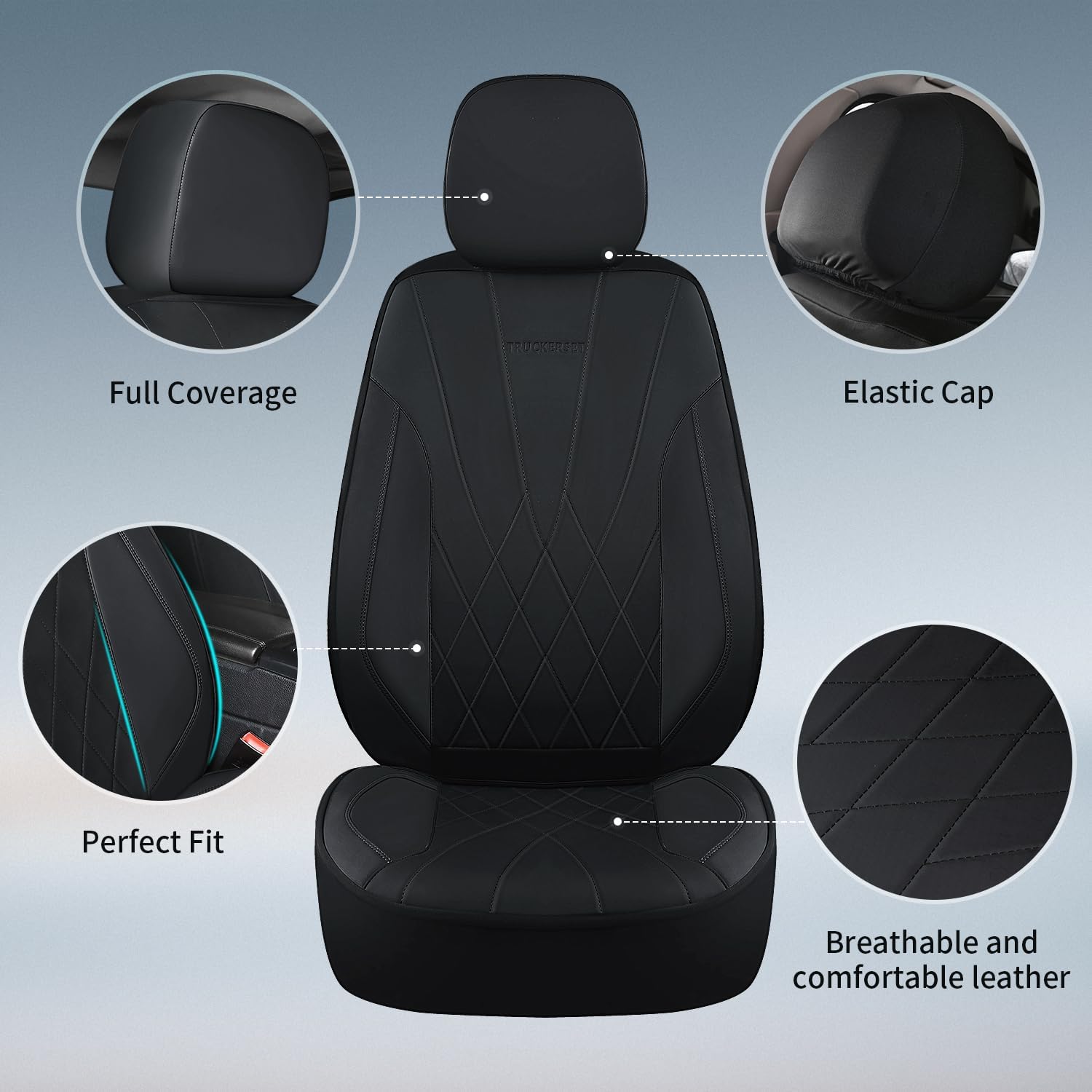 Car Seat Covers Full Set, Leather Car Seat Cushion, Ultra-Thin Breathable Materials, Suitable for Most Car SUV/Truck/Sedan/Automotive (All Black, Five-Piece)