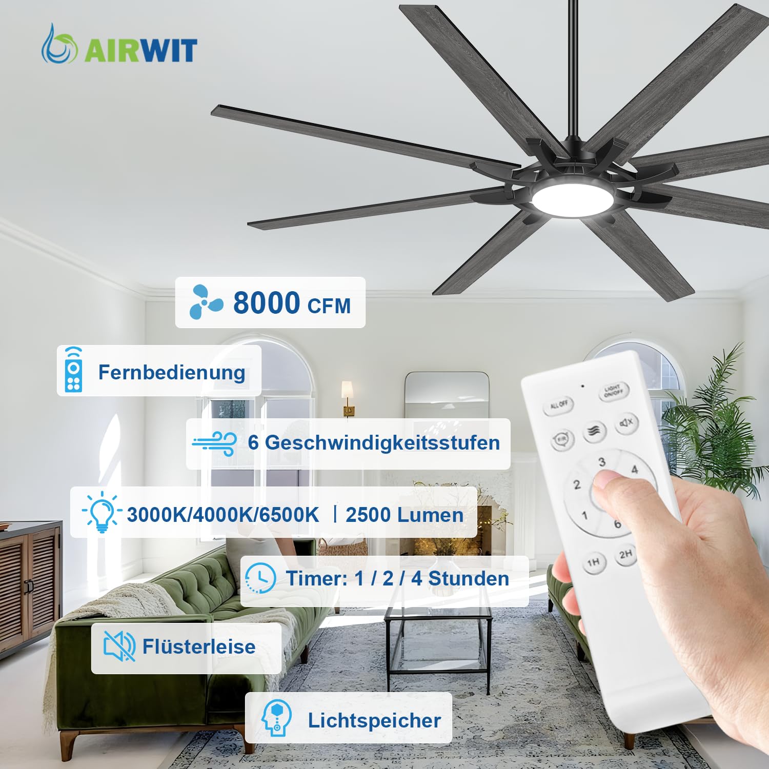 Airwit 183cm Deckenventilator mit Beleuchtung und Fernbedienung, Outdoor, leise, wendbare Flügel, Industrial Design