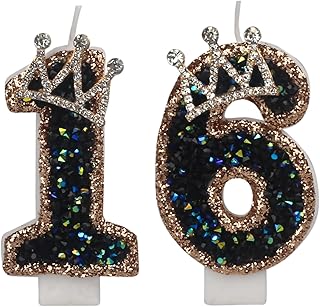 Birthday Number 16 Candles,16th Black Crown Birthday Candles for Cake,Glitter Number 16 Candle Cake Topper with Sequins for Birthday Party Wedding Decoration Celebrations Supplies (Black, Number 16)