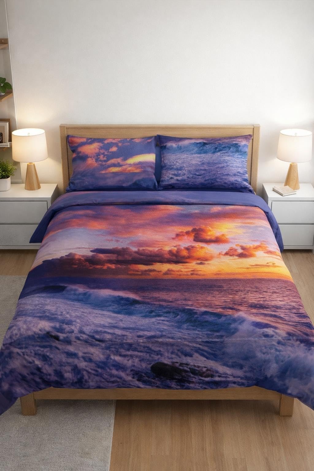 Caleffi Completo Lenzuola Matrimoniale Puro Cotone con Stampa Mare e Tramonto Art Sunset by Carmassi