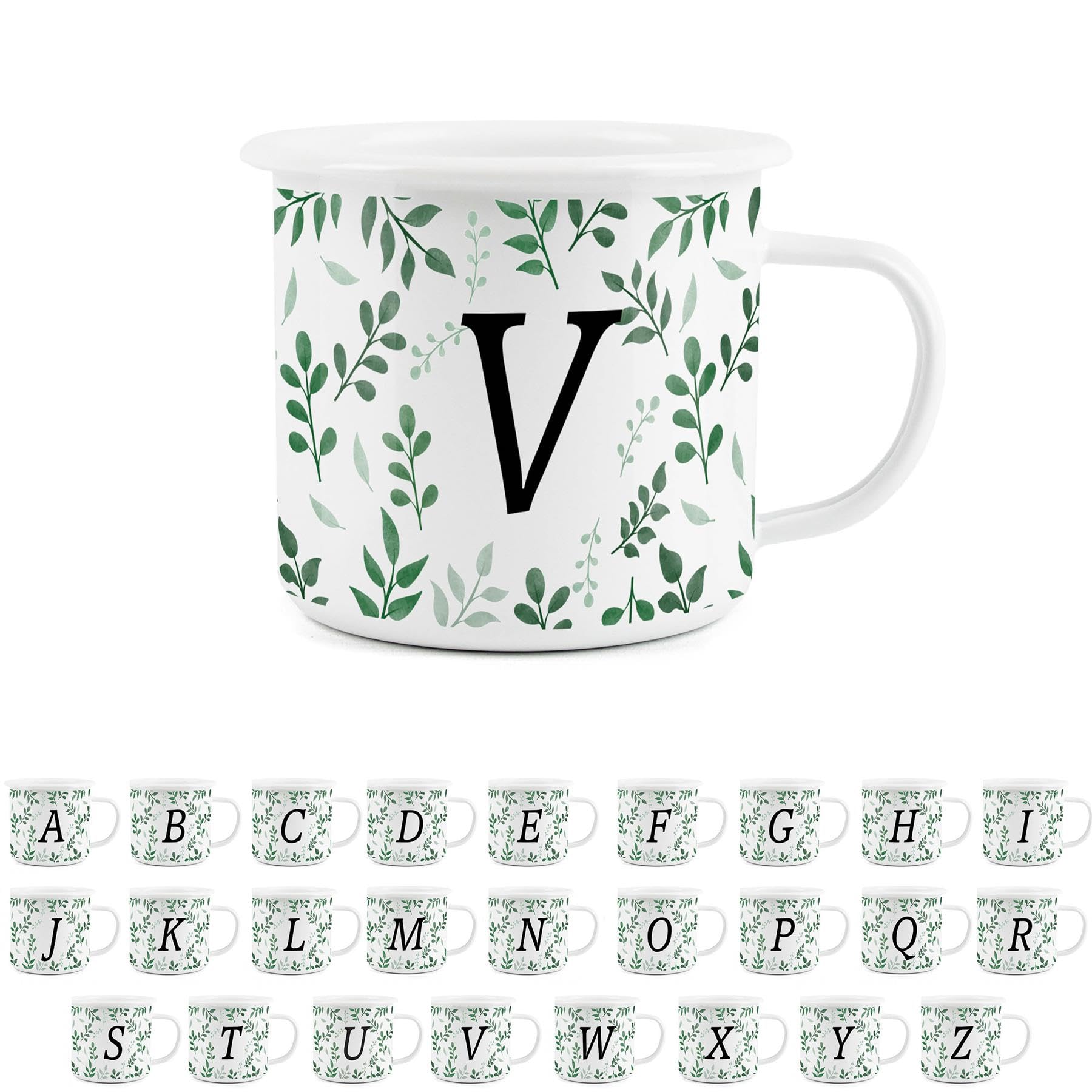 Foliage Letter V Mug -White Initial Personalised Alphabet Novelty Durable Hot Drinks Outdoor Cup for Travel Picnics Home Hiking
