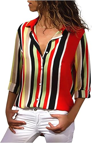 Camisas de gasa con botones para mujer, blusas de manga larga casuales con solapa y colores a rayas, blusas de ajuste holgado para otoño