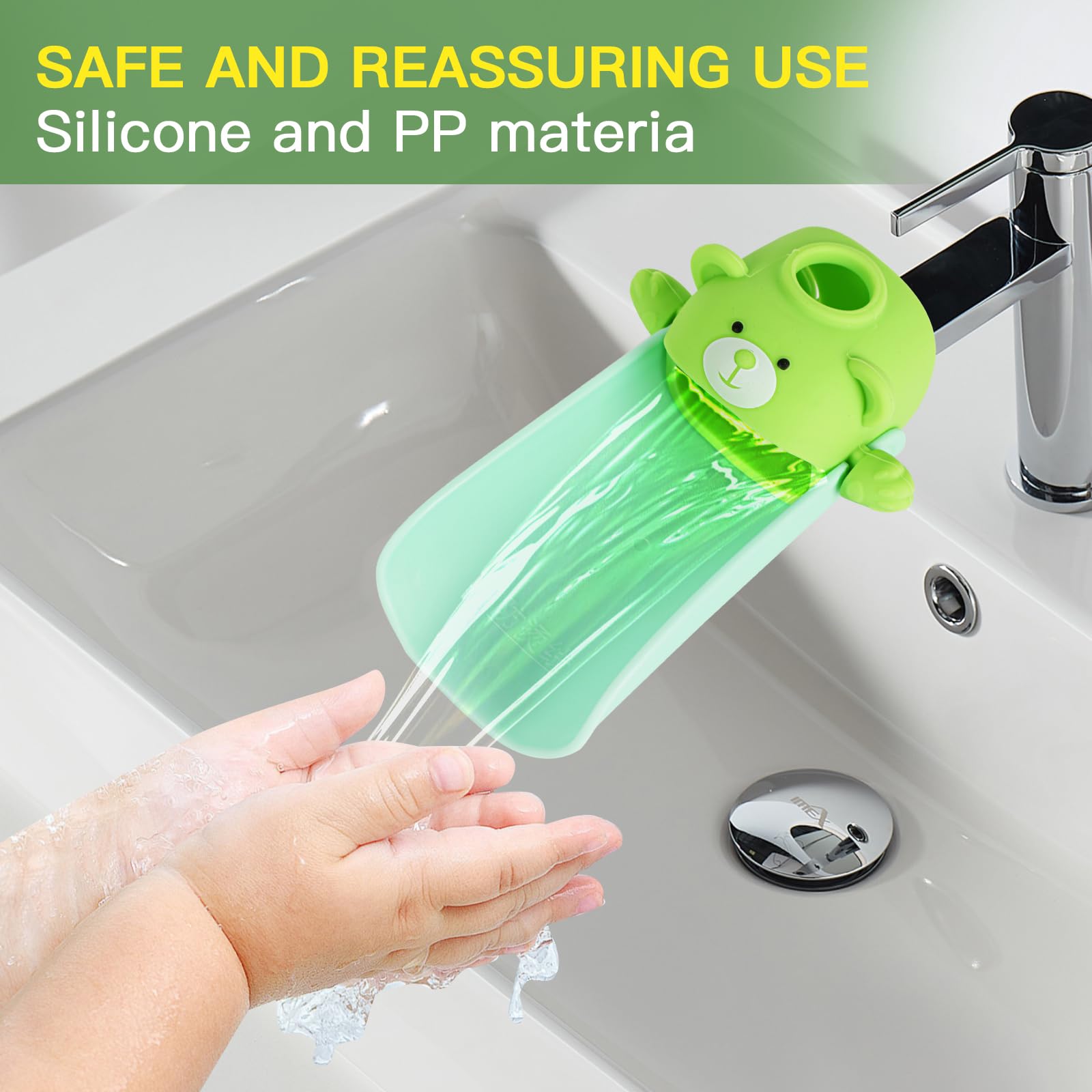 Robinet extender enfant,Avec effet capteur de température, Rallonge de robinet en silicone, Robinet de rallonge pour Enfants Bébés Enfants, Rallonge de robinet pour enfants (Vert)