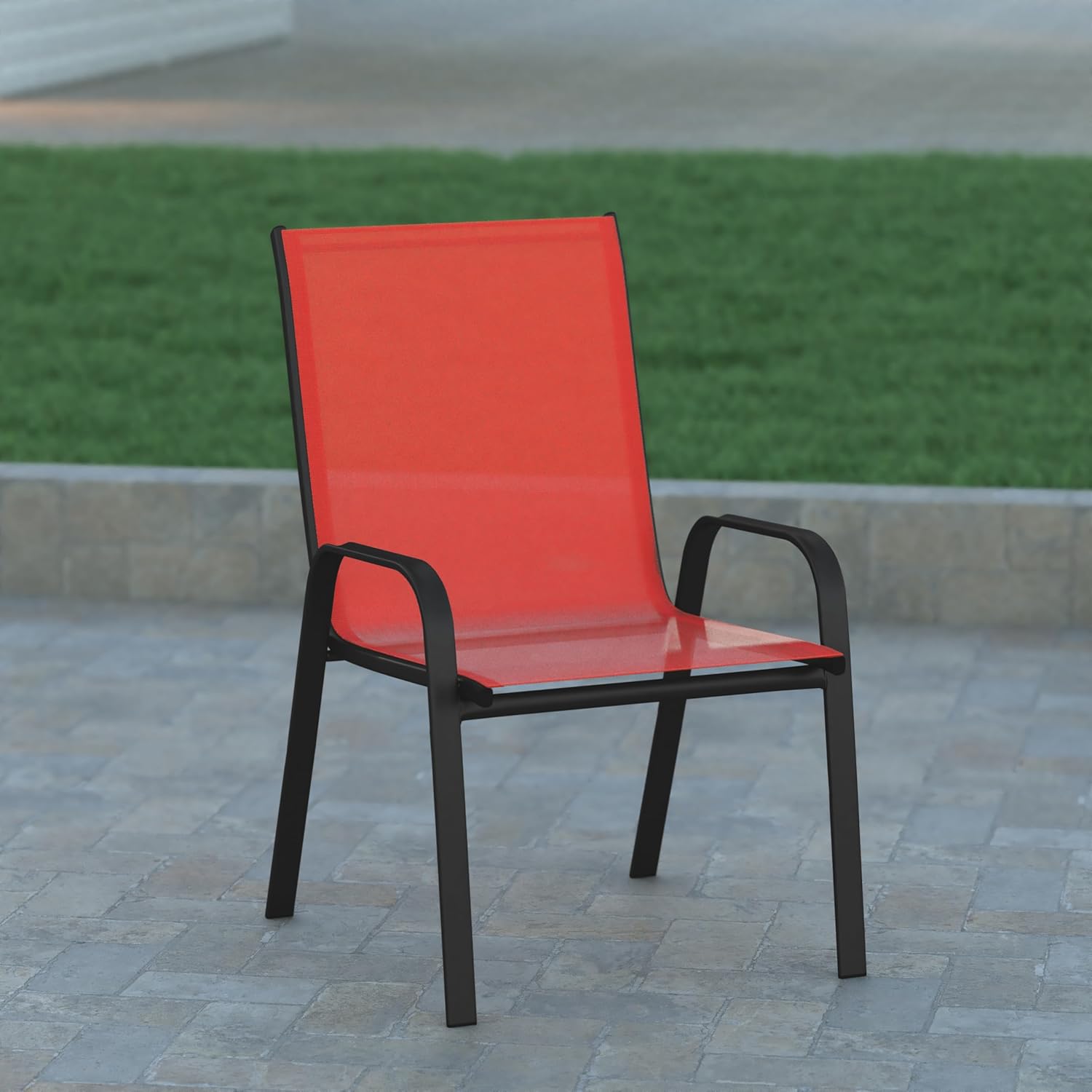 EMMA + OLIVER Alsek Patio Barstools - Powder Coated Steel Frames - Red Textilene Seats - Improved Air Circulation - Integrated Footrests - Set of 4