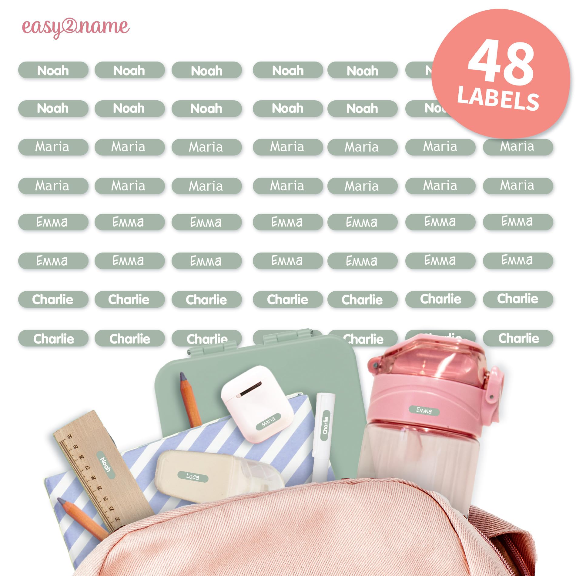 Easy2Name - Personalised mini XS Name Labels - Waterproof Name Stickers for Children and Adults - Ideal as Name Stickers in The Office, Workshop or School - 20x4mm - Coloured (Sage, 48)