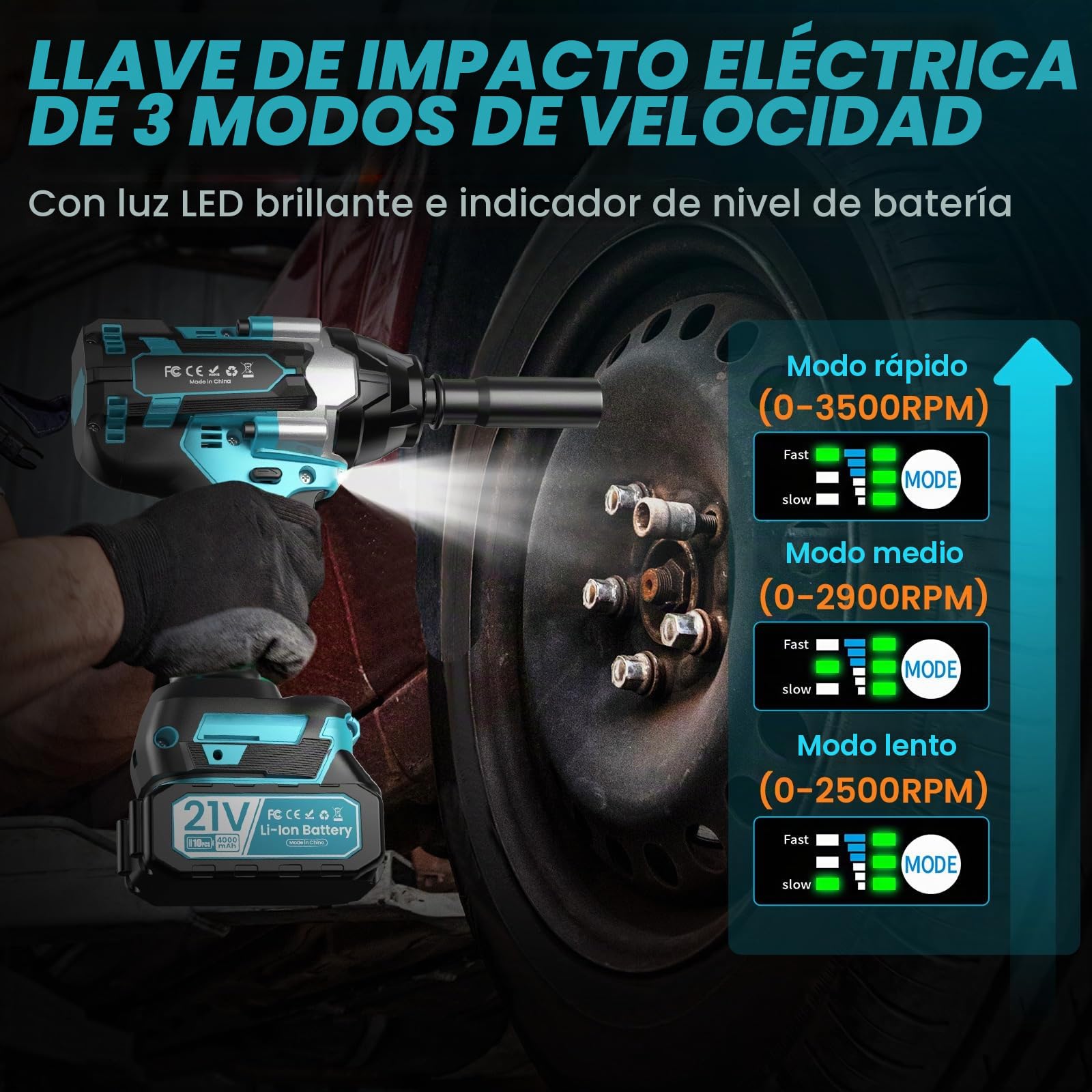 Pistola de Impacto a Batería 1000 Nm, Atornillador de Impacto de 2 Baterías de 4000 Mah, Motor Brushless, 4 Brocas, 4 Puntas de Destornillador para Coches, Camiones y Uso Doméstico.
