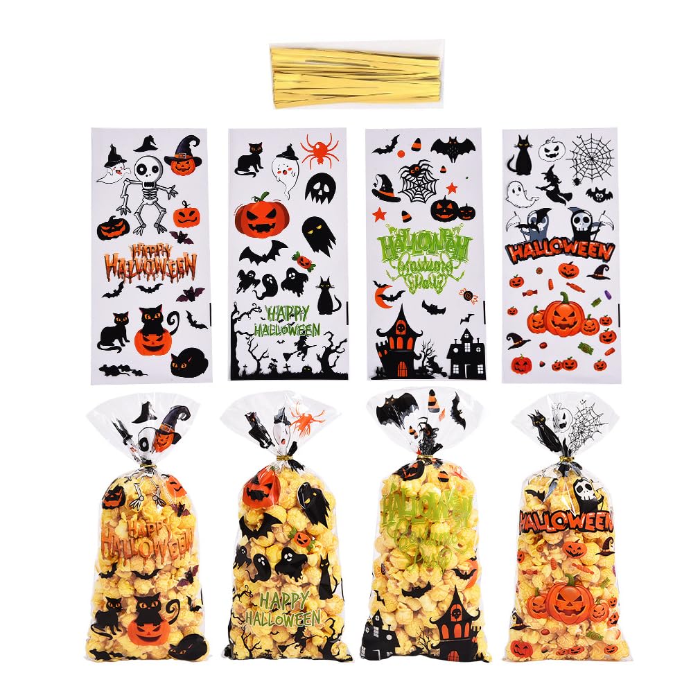 50pcs Halloween Cellophane Bags, Treat Gift Bags with Gold and Twist Ties, Halloween Treat Bags for Candy, Halloweens Trick or Treat Bags, for Halloweens party favor Supplies ((4 Styles))