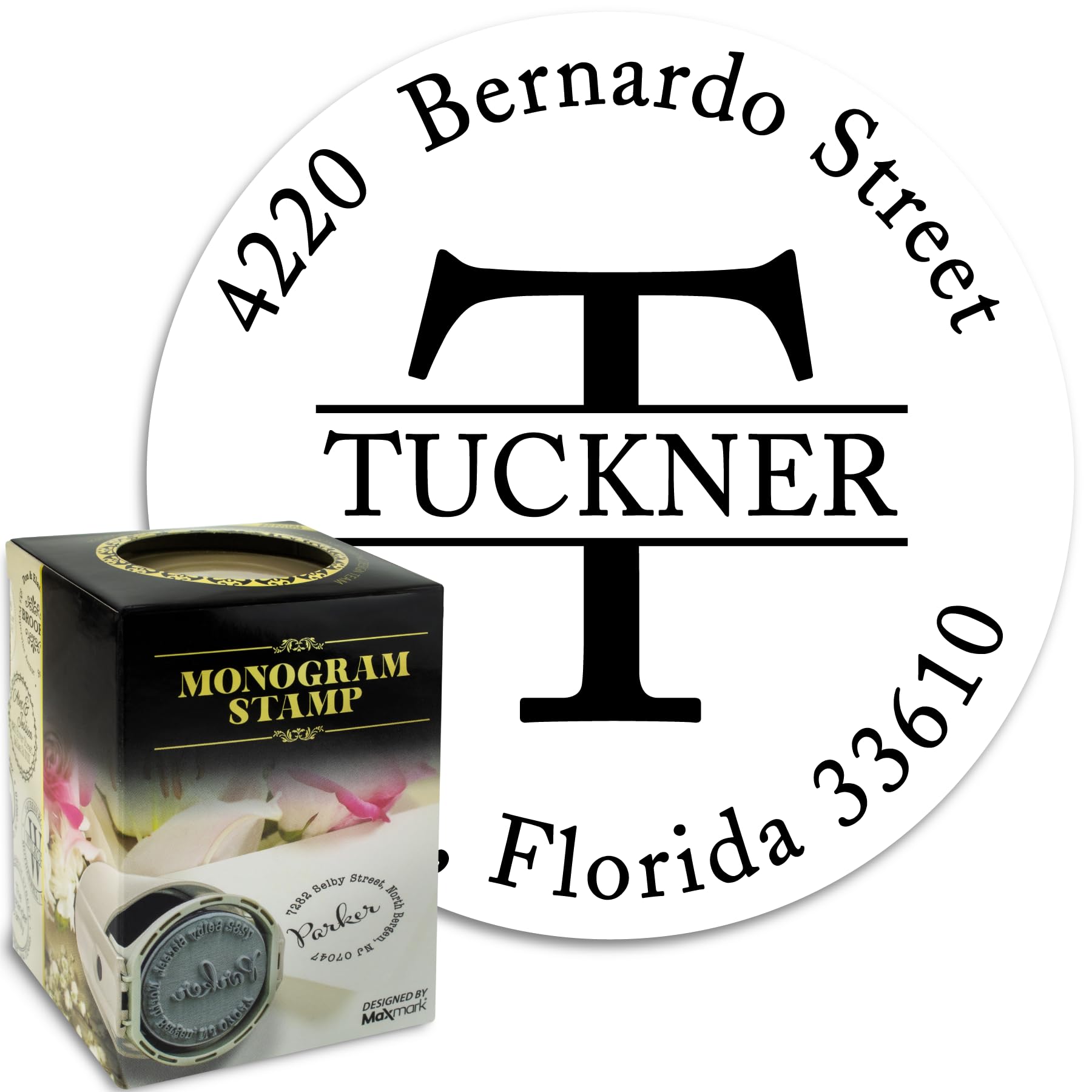 Monogram Address Stamp - Personalized Self Inking Rubber Stamp - Style 035 - with Locking Bottom Cover- Choose from 15 Ink Colors