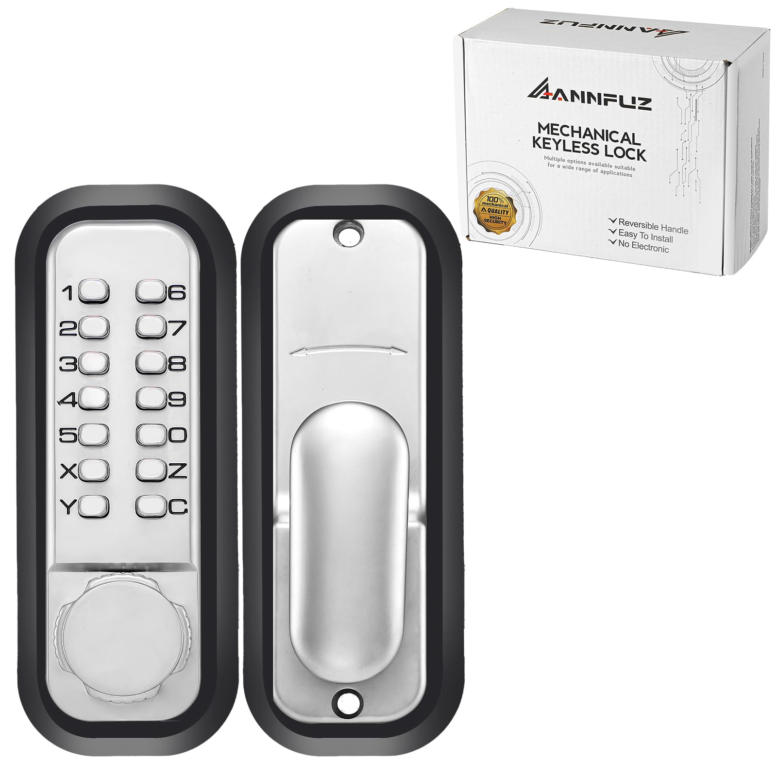 ANNFUZ 100% Keyless Mechanical Digital‑Code Door Lock, Push‑Button Combination Keypad Handle Lock Set, Weather‑Resistant, Entry Lock for Indoor & Outdoor Front Garden & Gate & Warehouse, Chrome
