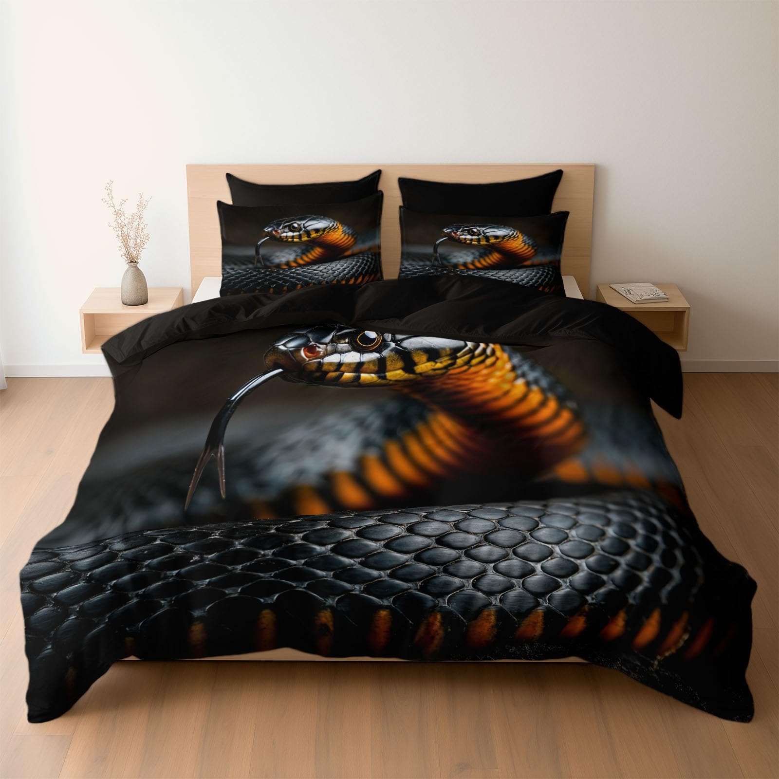 Housse de couette noire 160x200 serpent taies d'oreiller parure de lit