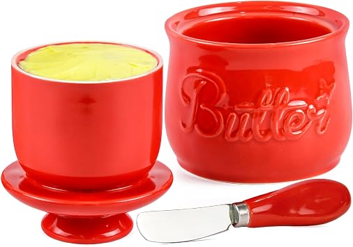 Red Butter Crock & Stainless Steel Spreader Knife Set French Butter Keeper with Water Line, Countertop Butter Dish Lead-Free Porcelain, Dishwasher-Safe, Vibrant Red