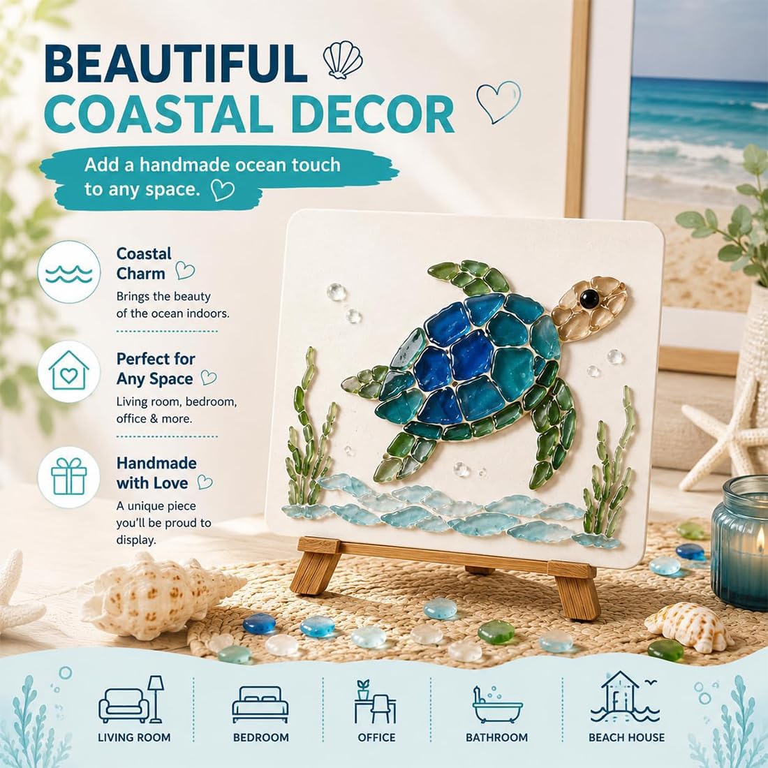 ELMVAR DIY-Set für Meerglas-Mosaikkunst, Set mit Meeresschildkröten-Motiv, Bastelset im Ozean-Design mit bunten Glasstücken (SetＡ)