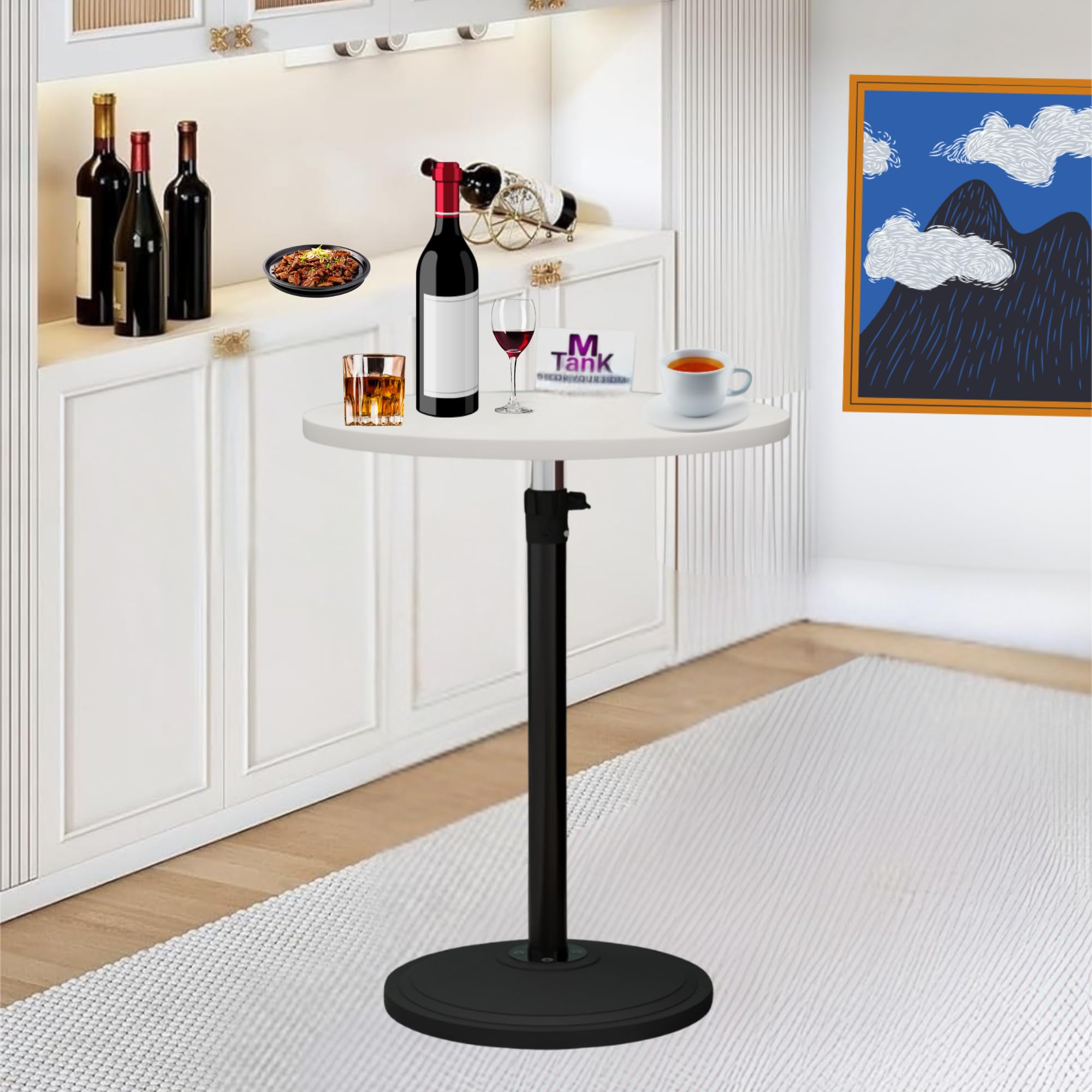 MTANK Height Adjustable Round Bar Table – Modern Bistro Pub Table with Metal Base, Small High Top Cocktail Table for Home, Kitchen, Party, and Cafe – White & Black Finish |