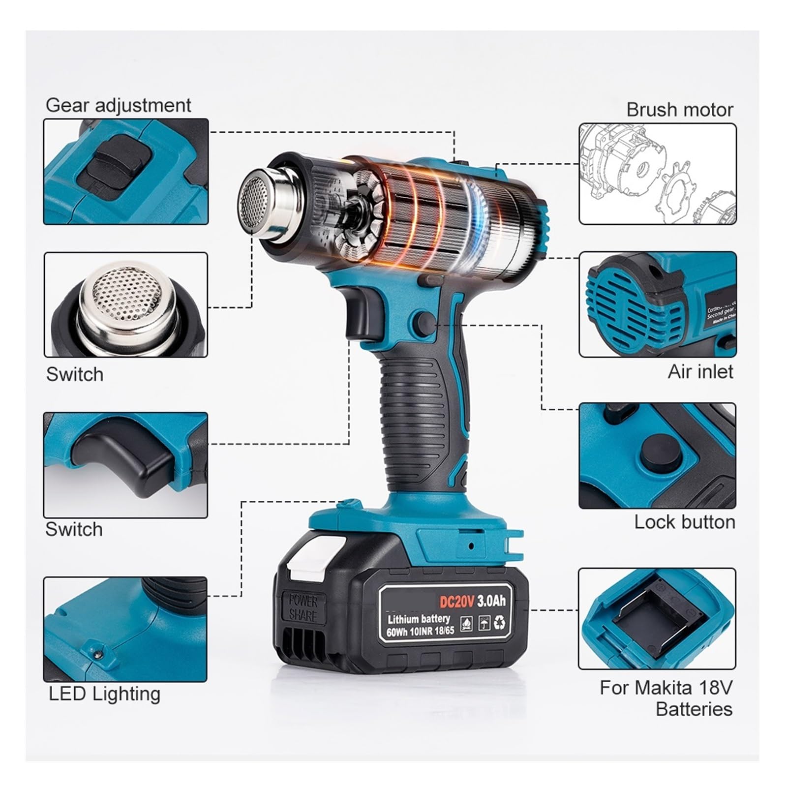 Pistola De Calor Eléctrica For Batería 18V, Aire Caliente Mano Inalámbrica, Temperatura Ajustable, Herramienta Secador Pelo Industrial For El Hogar Calentamiento RáPido(2Battery 3.0A)