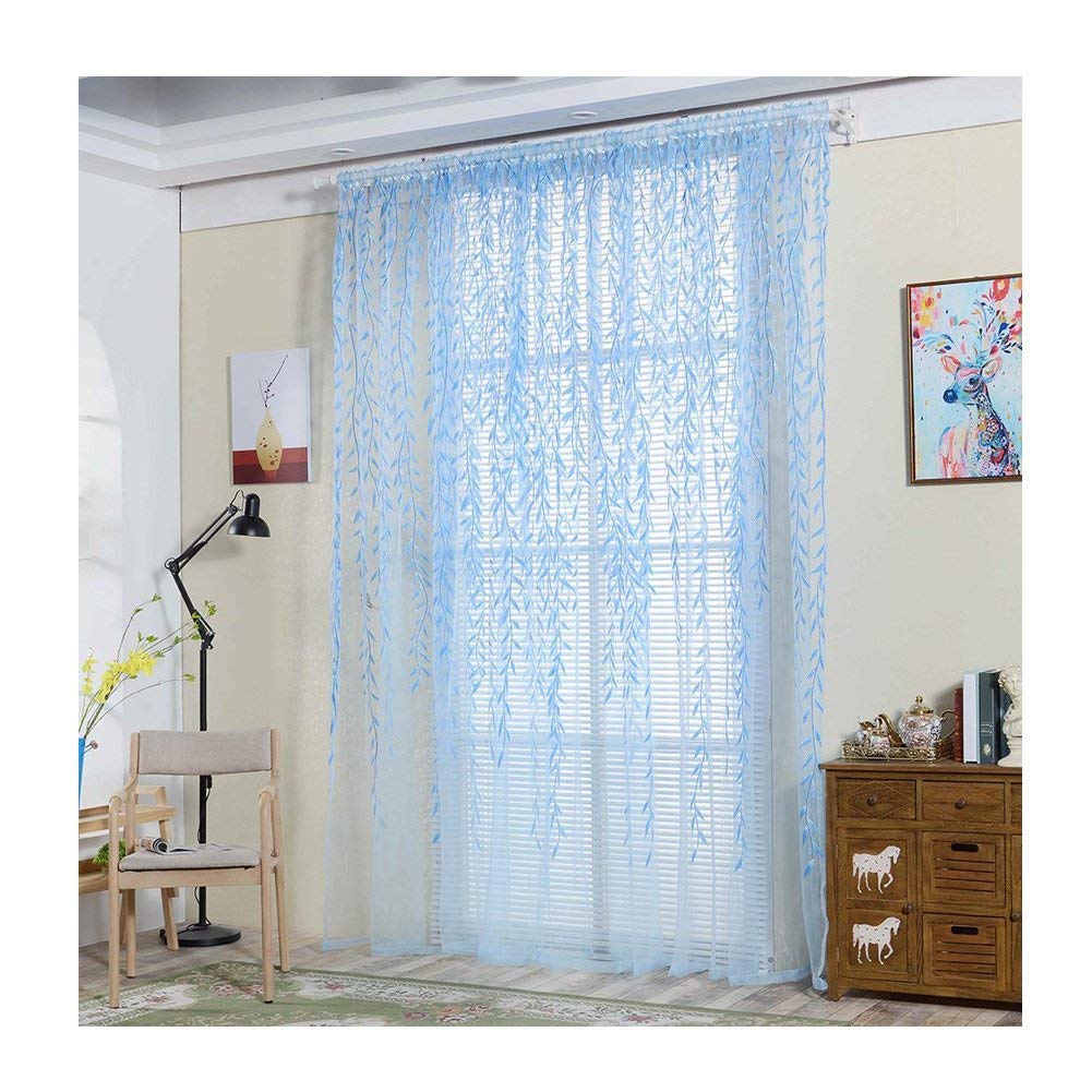 Lalang Blue 1Pcs Leaf Tulle Voile Curtains Sheer Curtains Window Balcony Room Decoration Curtains (Blue)
