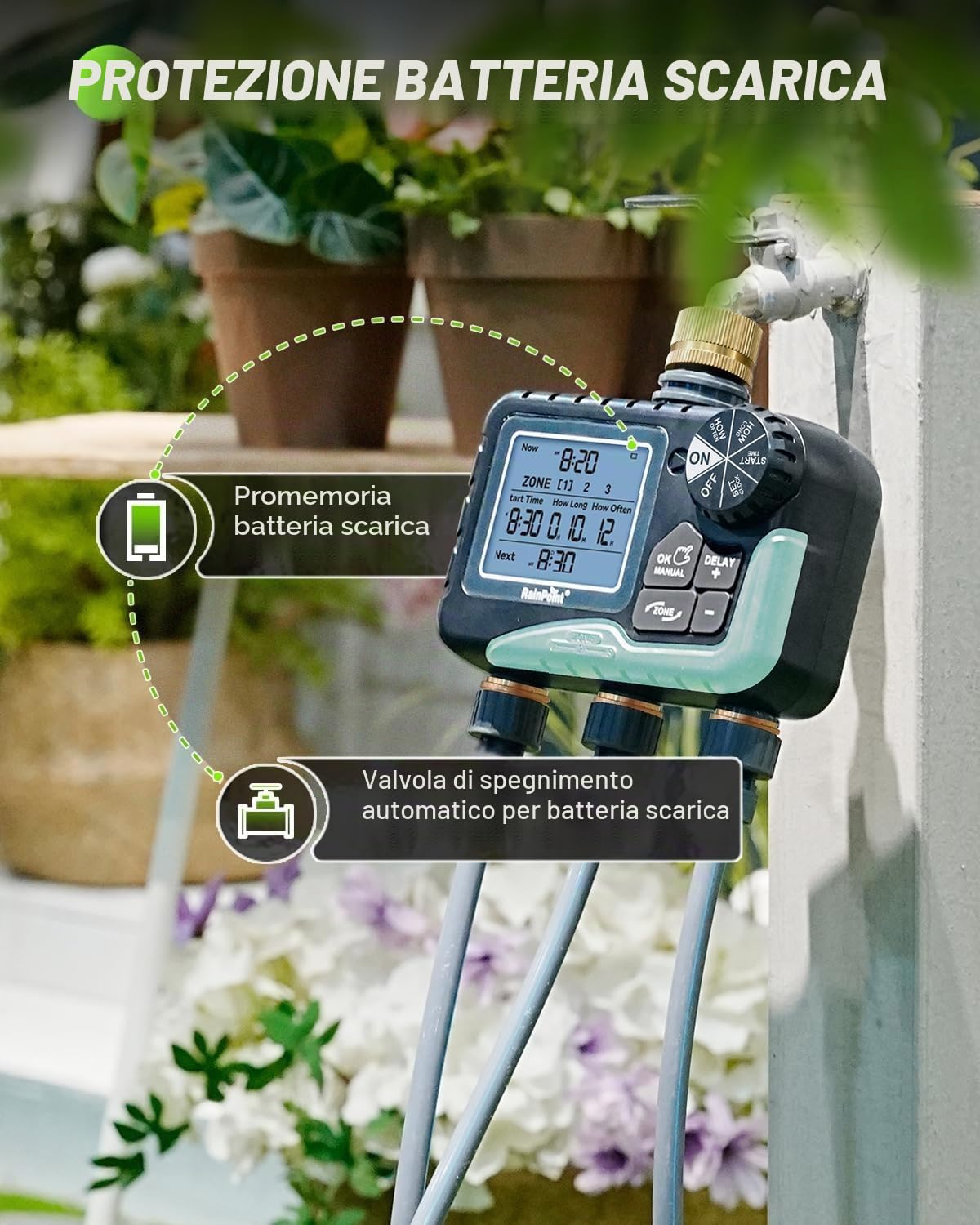 RAINPOINT Centralina Irrigazione 3 Uscite Con Ampio Display Lcd, ingresso e uscita in ottone, Timer Irrigazione Automatico Con Modalità Di Ritardo Pioggia/Manuale/Automatica per Prato Da Giardino