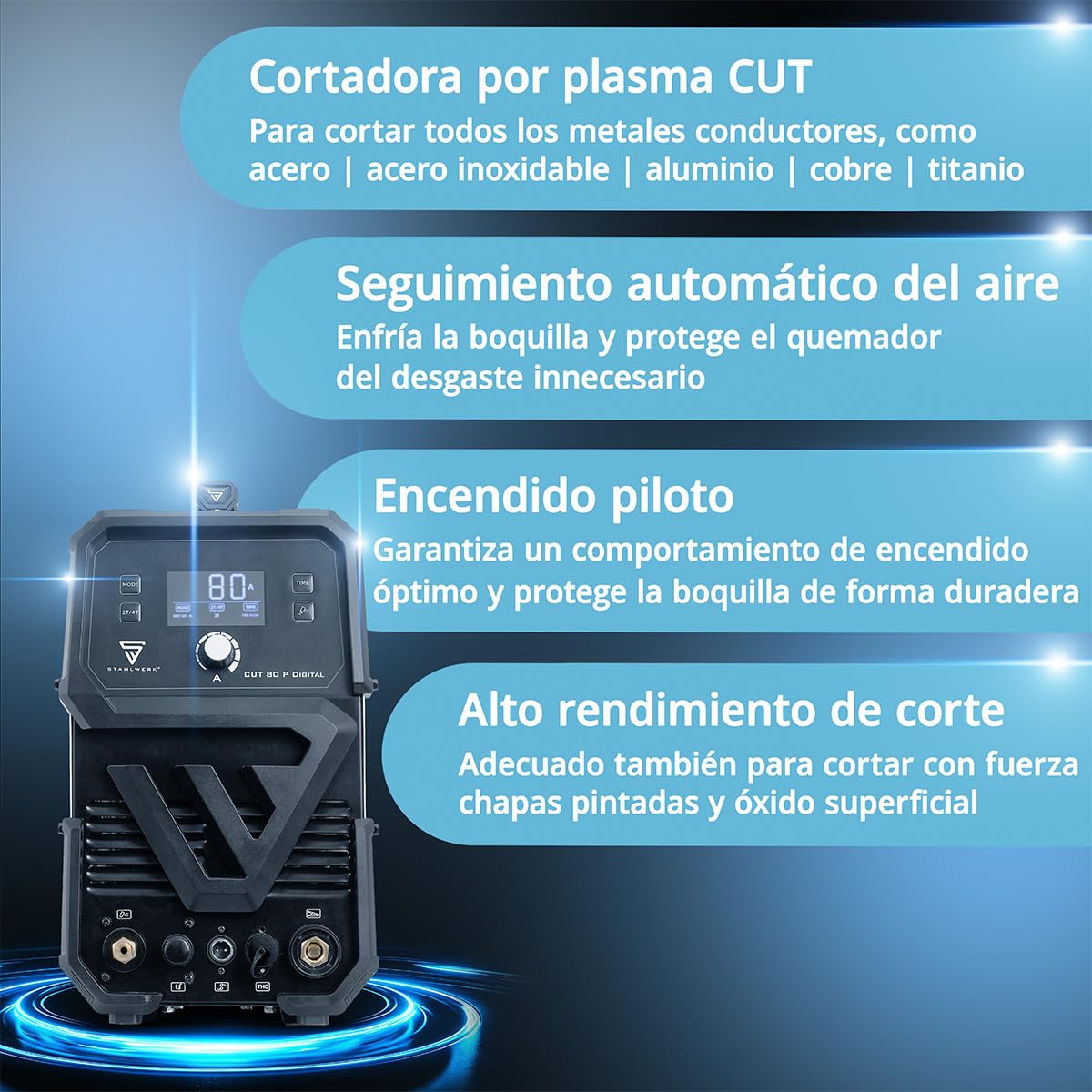 STAHLWERK Cortador de plasma CUT 80 P Digital – 80 A, capacidad de corte hasta 25 mm, Inverter Plasma Cutter con encendido HF Pilot, interfaz THC para control de altura CNC