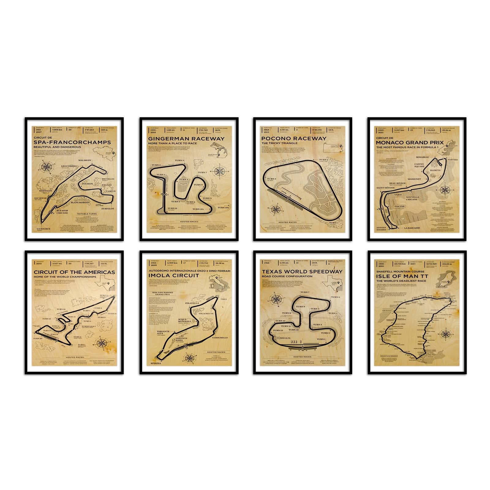 Lienzo de circuito de carreras vintage F1 de 8 x 10 pulgadas, sin marco, decoración de habitación de niños, regalos para amantes de los autos, 8 x 10 pulgadas, 8 piezas