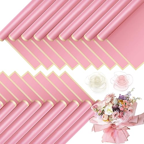 Whaline 80 piezas de papel de regalo floral con cintas plegadas con borde dorado plano, rosa, impermeable, ramo de flores de embalaje, suministros