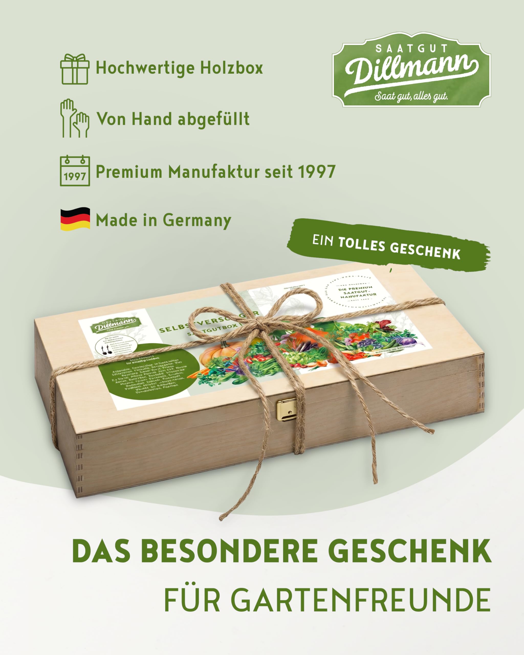 Selbstversorger Saatgut Box L – 32 Sämereien | Einzeln in Keimschutztüten verpackt, Holzbox inkl. Pikierholz, Etiketten & Anbauplan