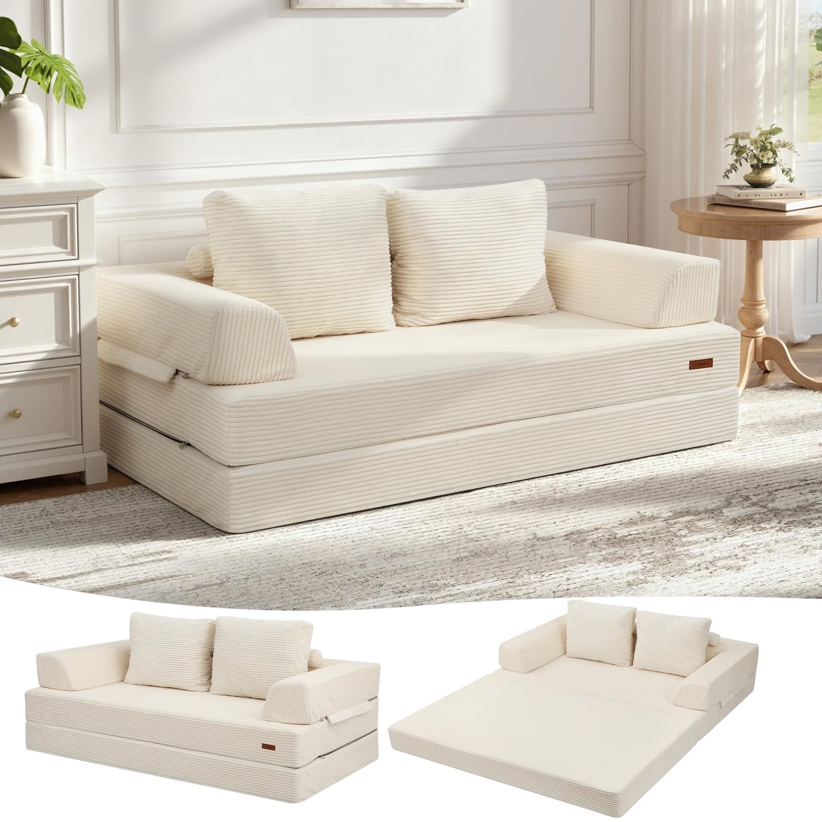 comax convertible sofa bed, folding floor couch corduroy fold out couch bed futon sleeper mattress with pillows, boneless sofa comfy lounge loveseat for living room bedroom, beige