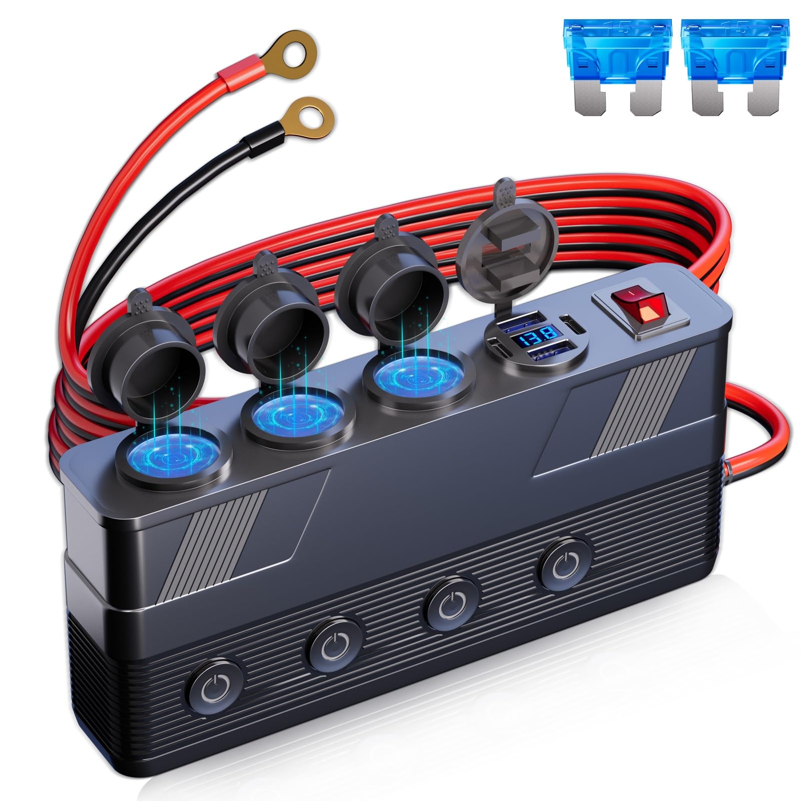 Moqidong 12V Steckdose 12V 15A | Zigarettenanzünder steckdose 4 USB-Anschlüsse (2A+2C) 3-Fach Zigarettenanzünder Verteiler 3M Kabel 12V Einbausteckdose Rücksitz-Ladestation ohne Kabelzerstörung