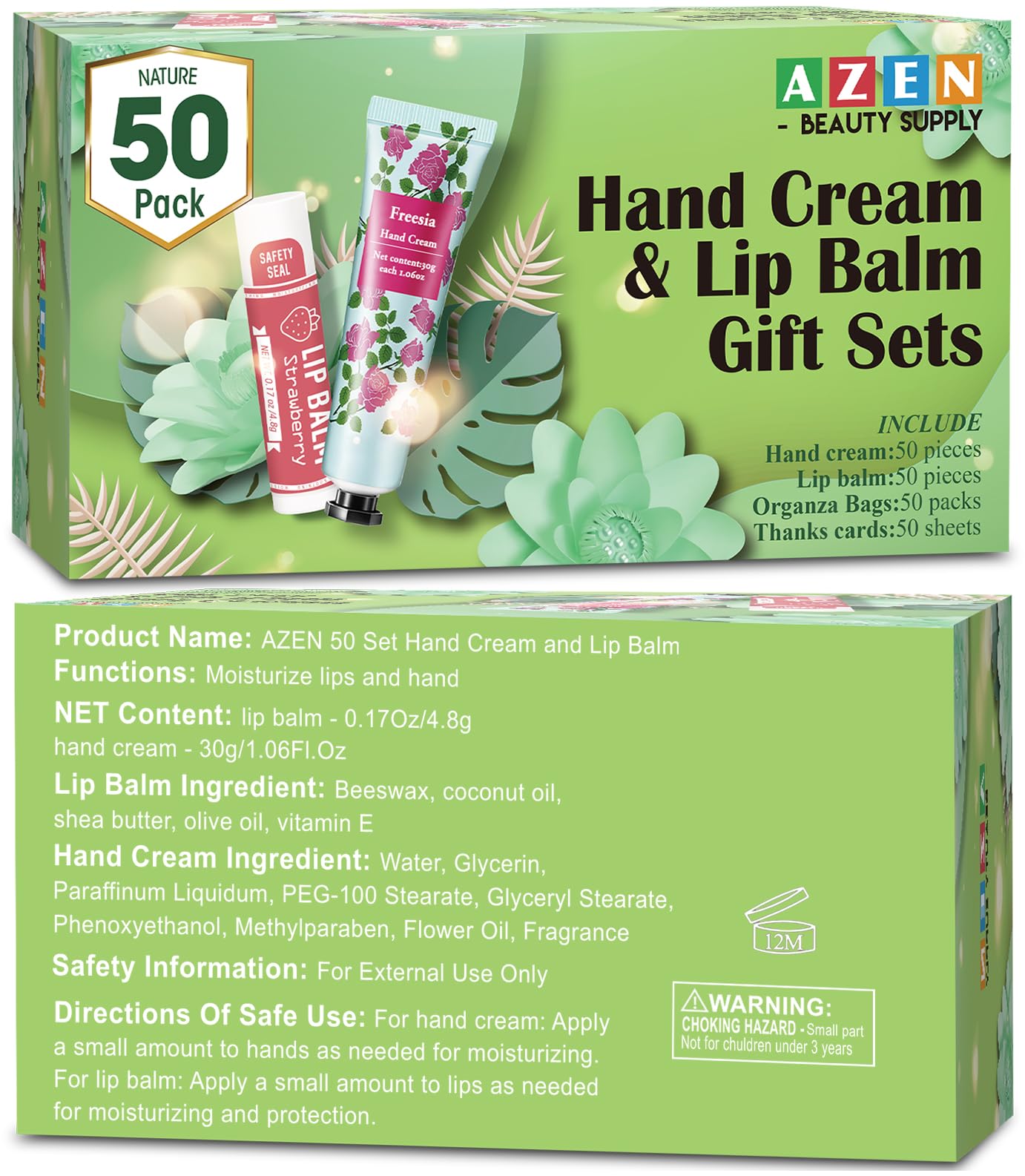 AZEN 50 juegos de regalos a granel, crema de manos y bálsamo labial a granel con bolsa de organza, tarjeta de agradecimiento, regalo de boda para baby shower, regalos de boda para invitados, regalos