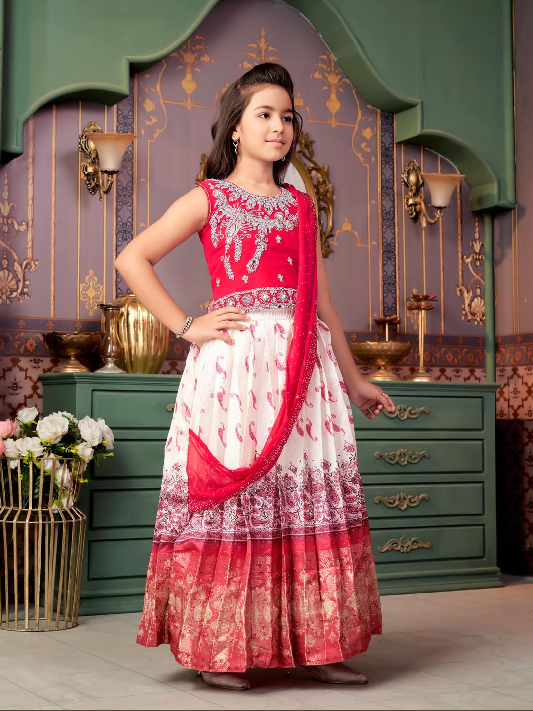 Aarika Girls Ethnic Wear Rani-Cream Colour Mirror Embroidery Georgette Lehenga Choli Set With Attached Dupatta-4-15 Years (Lch-9435)