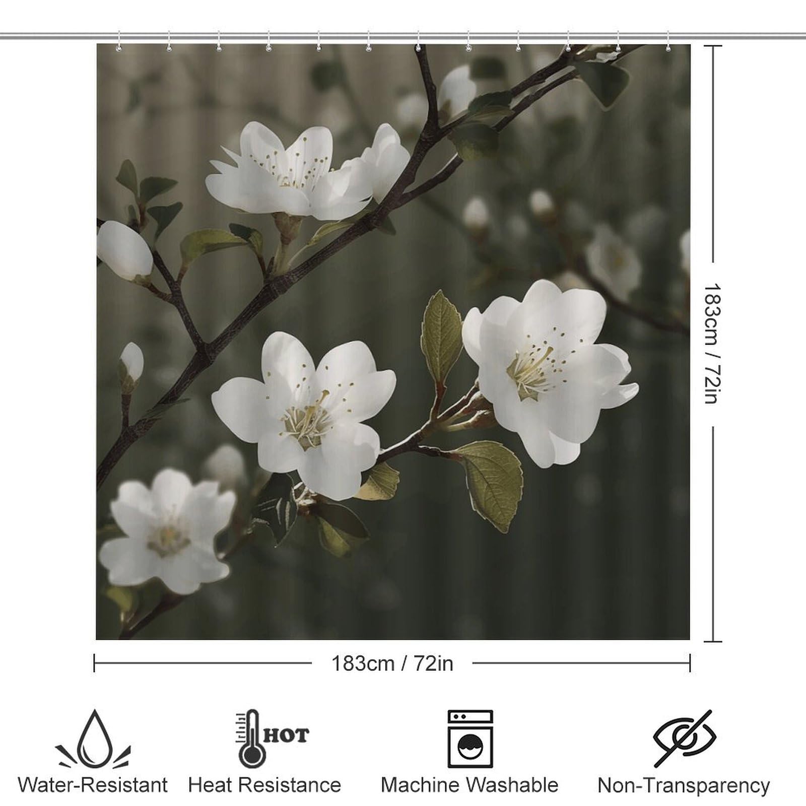 Ensemble de salle de bain 4 pièces avec rideau de douche et tapis Motif fleurs blanches