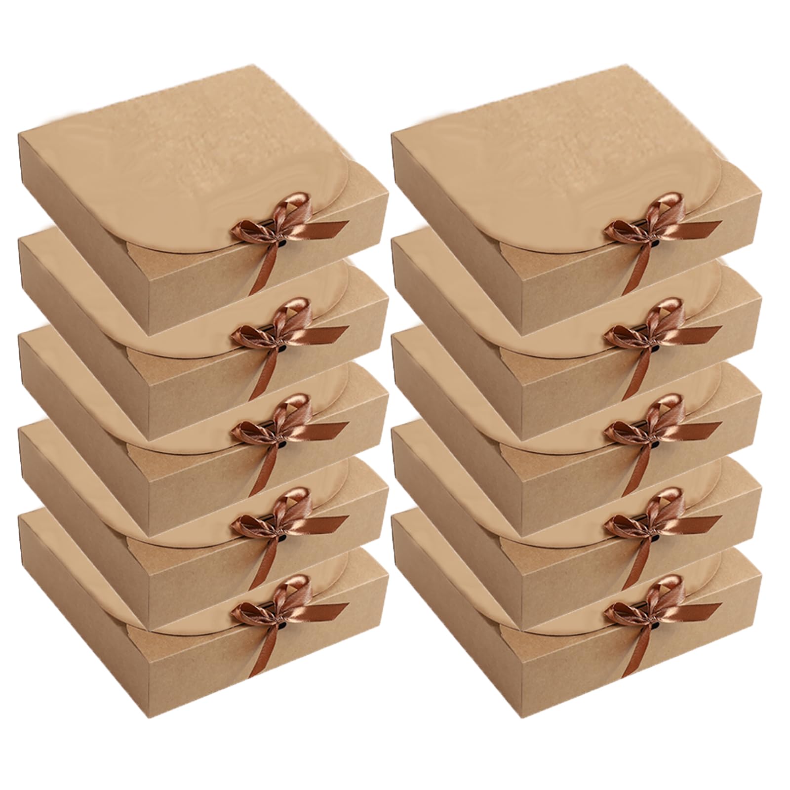 10Pcs Gift Box with Lid & Bow Ribbon 24x24x6cm Square Shaped Packaging Box Easy Assembly Bridesmaid Proposal Box Kraft Paper Presentation Boxes for Parties, Christmas, Birthday, Wedding
