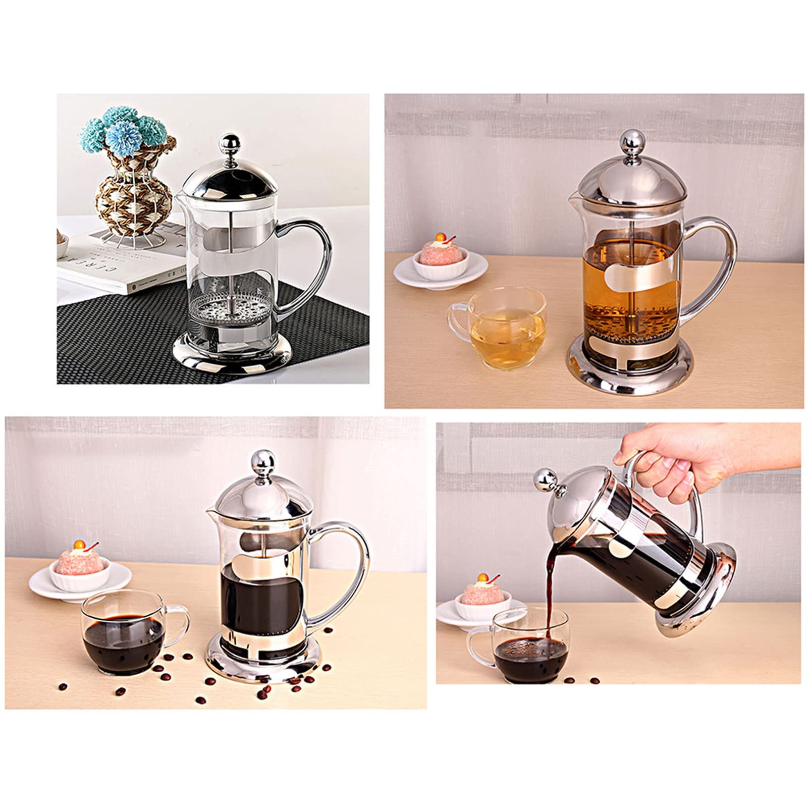 Caffettiere A Pistone, Caffettiera Francese in Acciaio Inox 304 con Sistema di Filtrazione A 3 Livelli, French Press Teiera Vetro Borosilicato, Resistente al Calore Durevole, Facile da Pulire