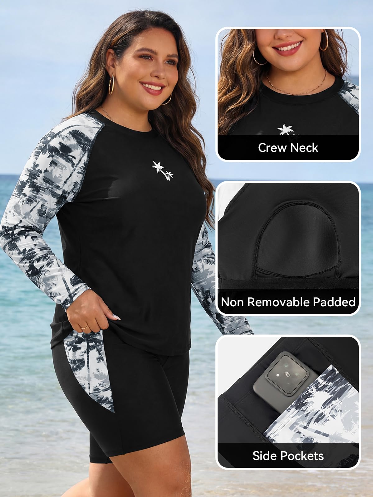 SHEKINI Costume da bagno da donna, taglie forti, 2 pezzi, camicia da bagno e pantaloncini, a maniche lunghe, protezione solare